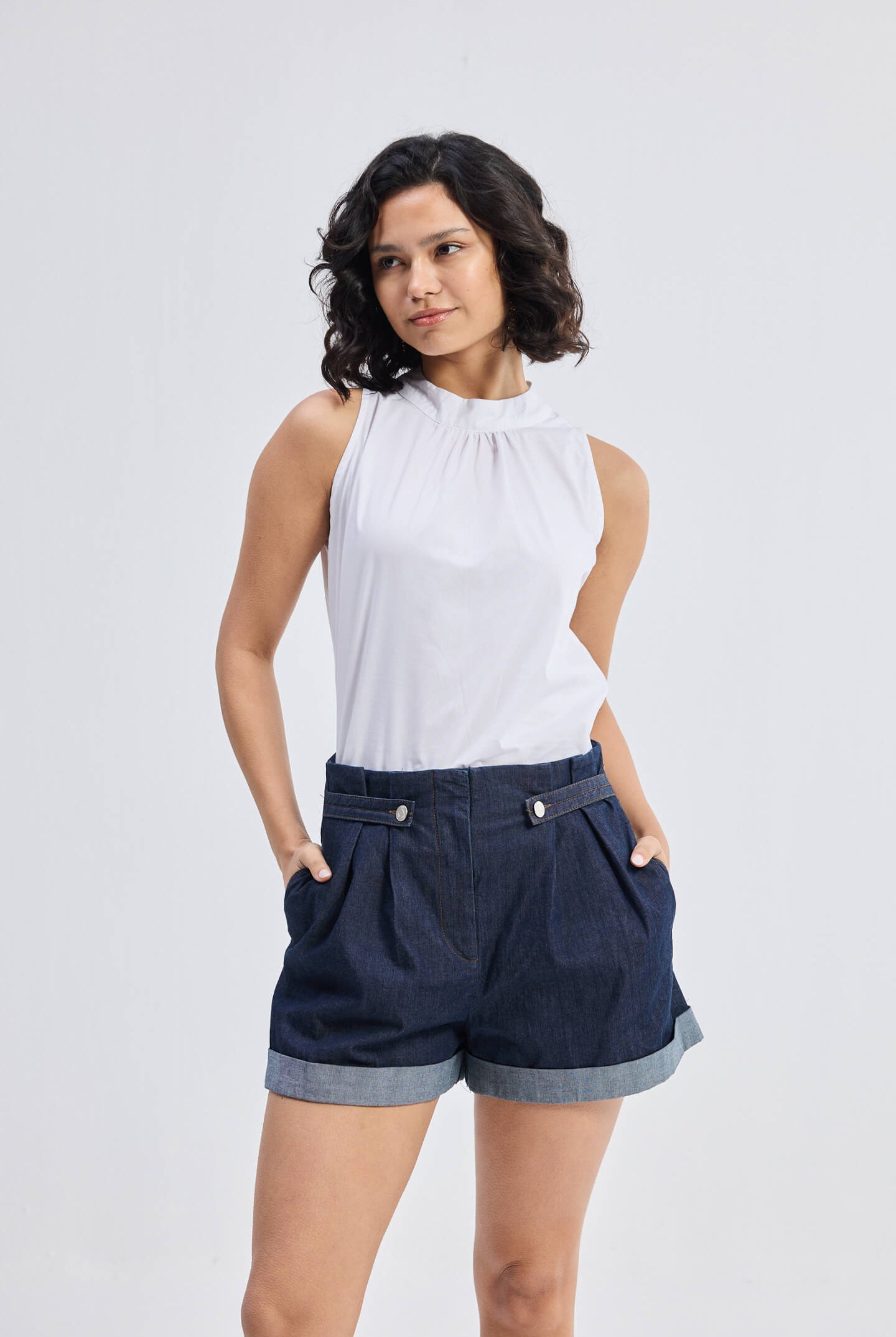 High-Neck Top with Gathers in White Longshot
