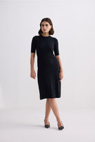 High Crew Neck Elbow Sleeves Fitted Dress in Black Longshot