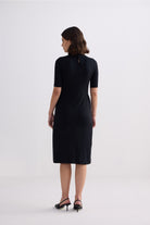 High Crew Neck Elbow Sleeves Fitted Dress in Black Longshot