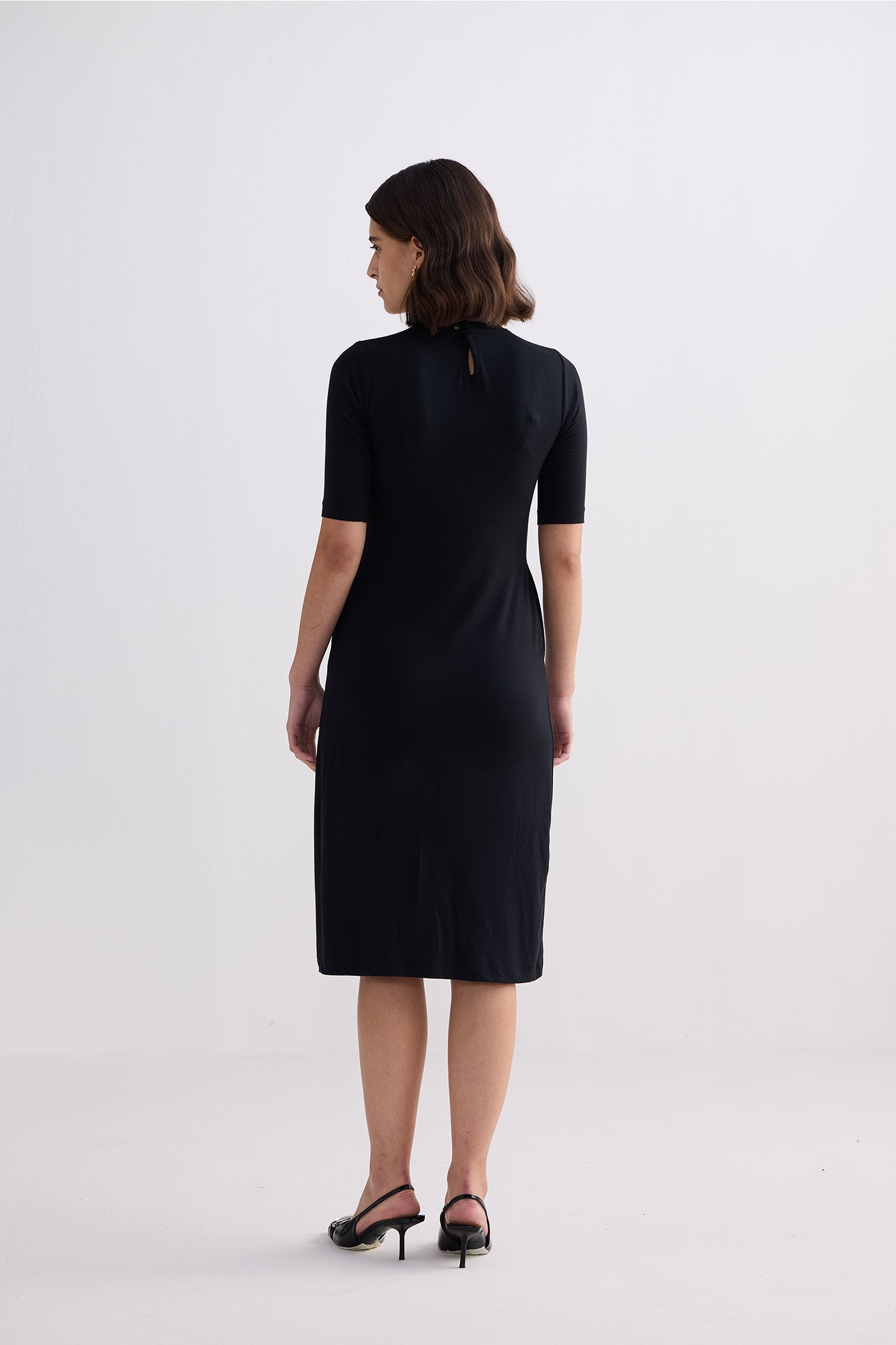 High Crew Neck Elbow Sleeves Fitted Dress in Black Longshot