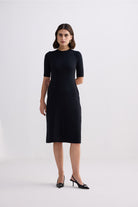 High Crew Neck Elbow Sleeves Fitted Dress in Black Longshot