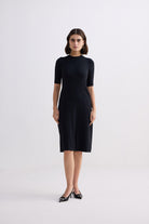High Crew Neck Elbow Sleeves Fitted Dress in Black Longshot
