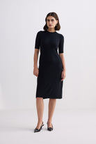 High Crew Neck Elbow Sleeves Fitted Dress in Black Longshot