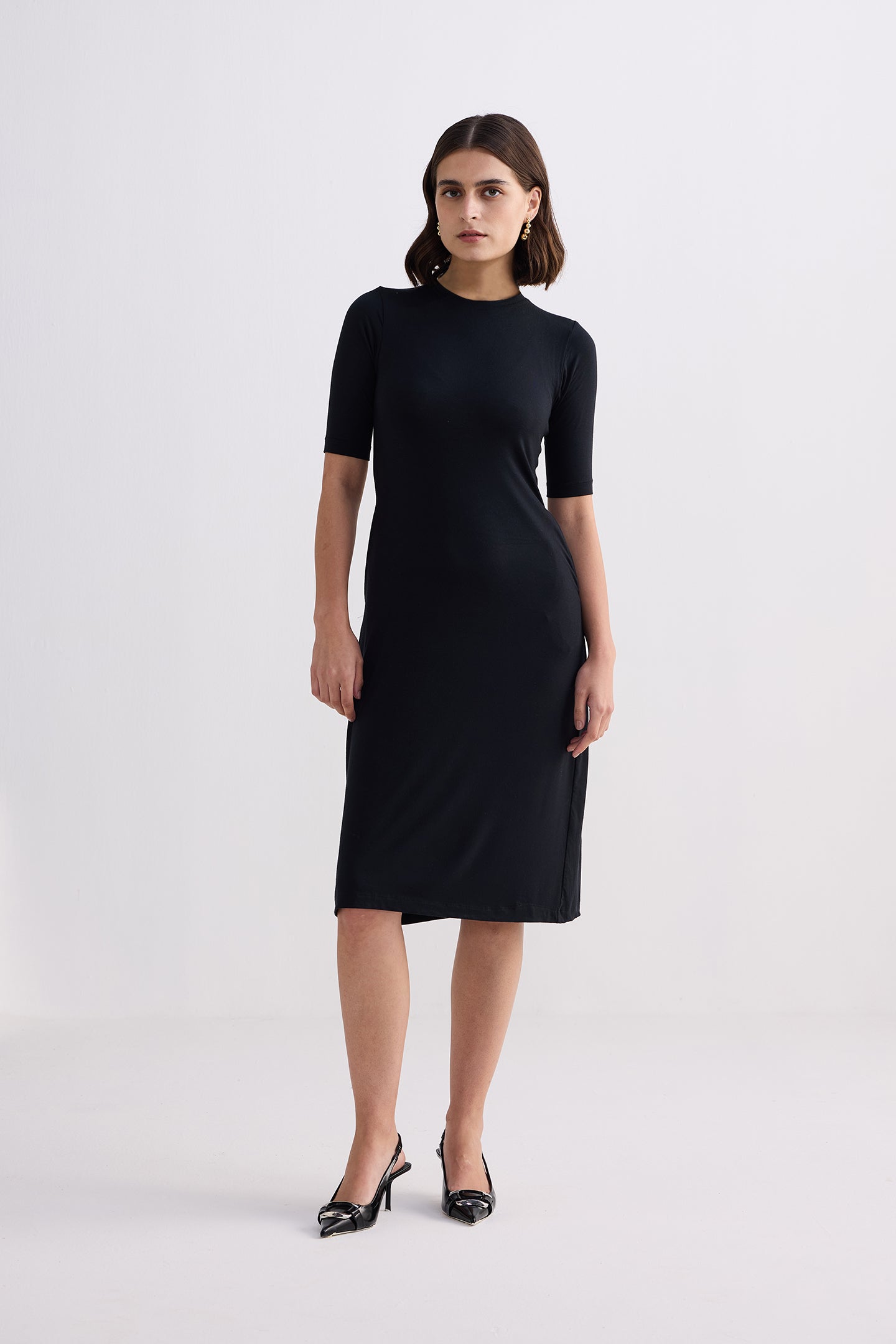 High Crew Neck Elbow Sleeves Fitted Dress in Black Longshot