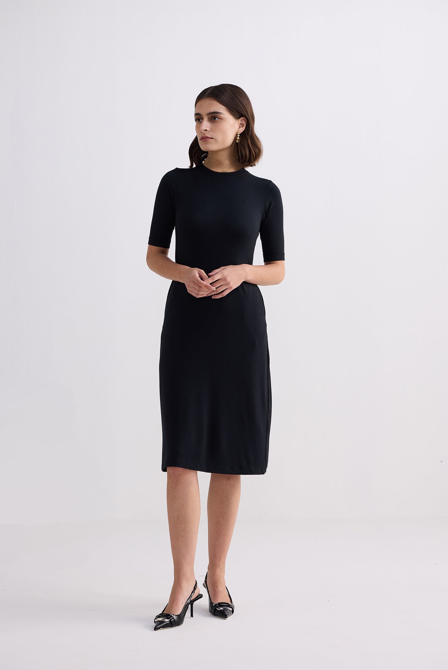 High Crew Neck Elbow Sleeves Fitted Dress in Black Longshot