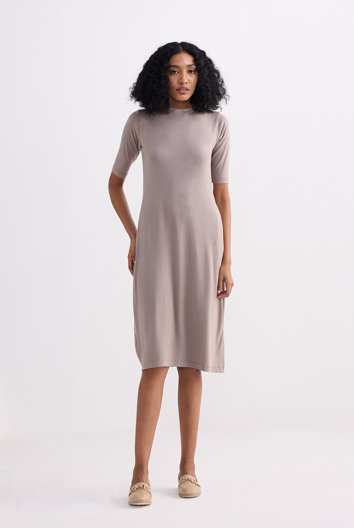High Crew Neck Elbow Sleeves Fitted Dress in Dusty Brown Longshot