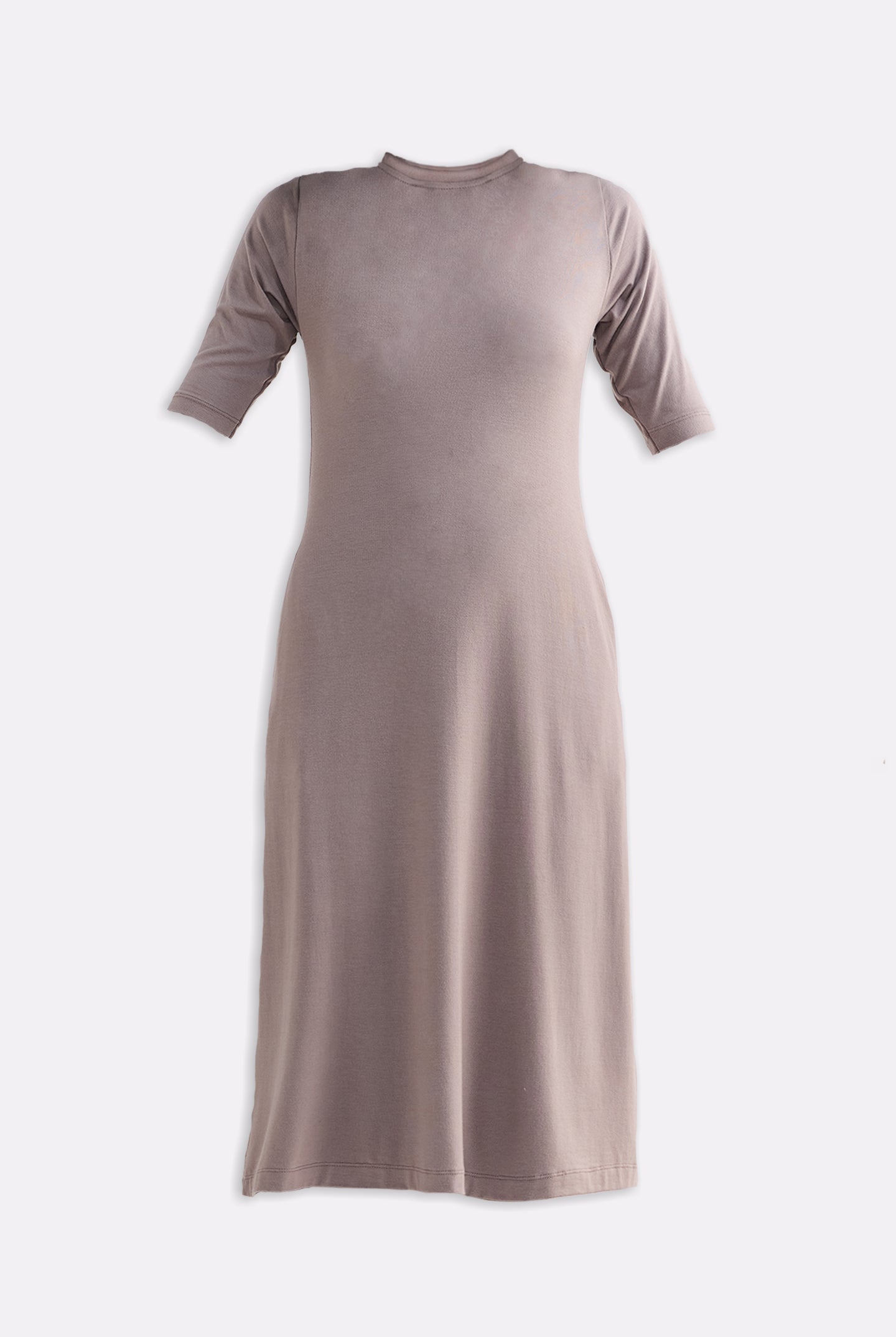 High Crew Neck Elbow Sleeves Fitted Dress in Dusty Brown Flat lay