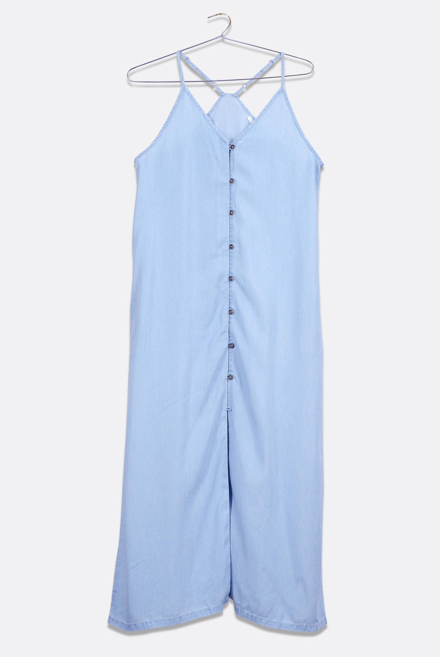 Reistor In the Mood for Love Denim Midi Dress in light blue with button-front detail, adjustable straps and a breezy silhouette, perfect for warm-weather style.