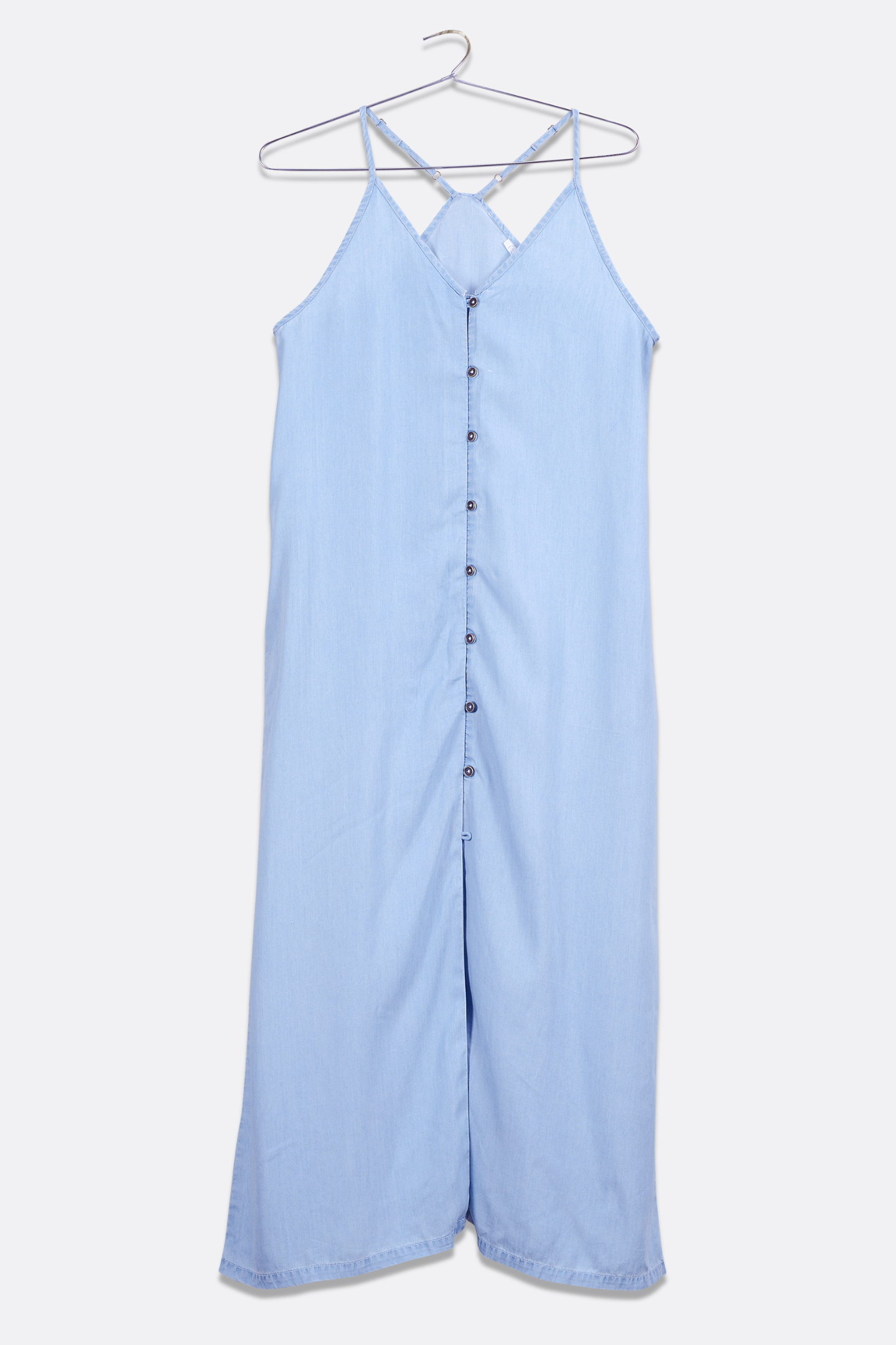 Reistor In the Mood for Love Denim Midi Dress in light blue with button-front detail, adjustable straps and a breezy silhouette, perfect for warm-weather style.