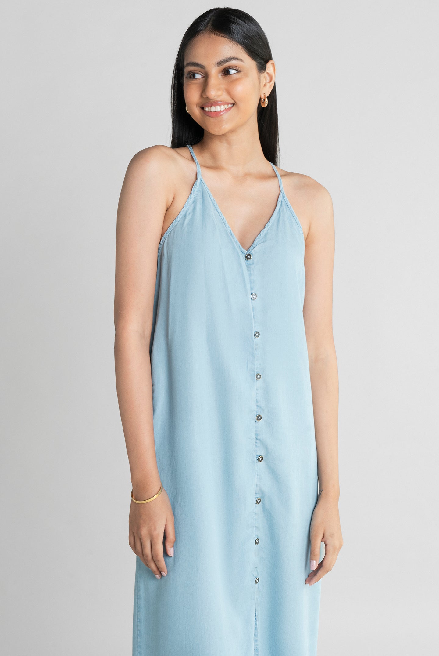 Women's Reistor In the Mood for Love Denim Midi Dress with slim shoulder straps, flowing fit, button-front closure and soft breathable denim for everyday style.