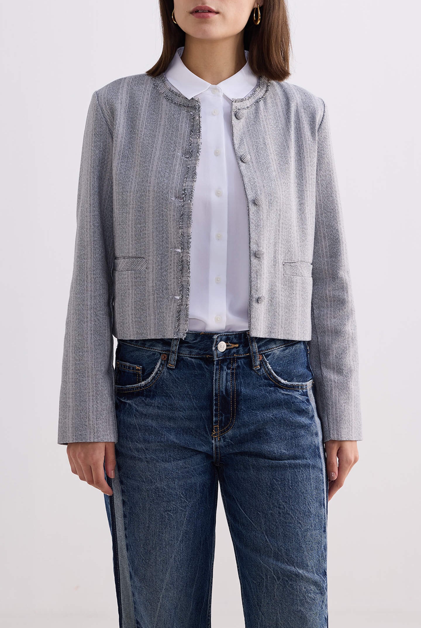Lady Jacket in Grey Cotton Tweed Closeup Shot