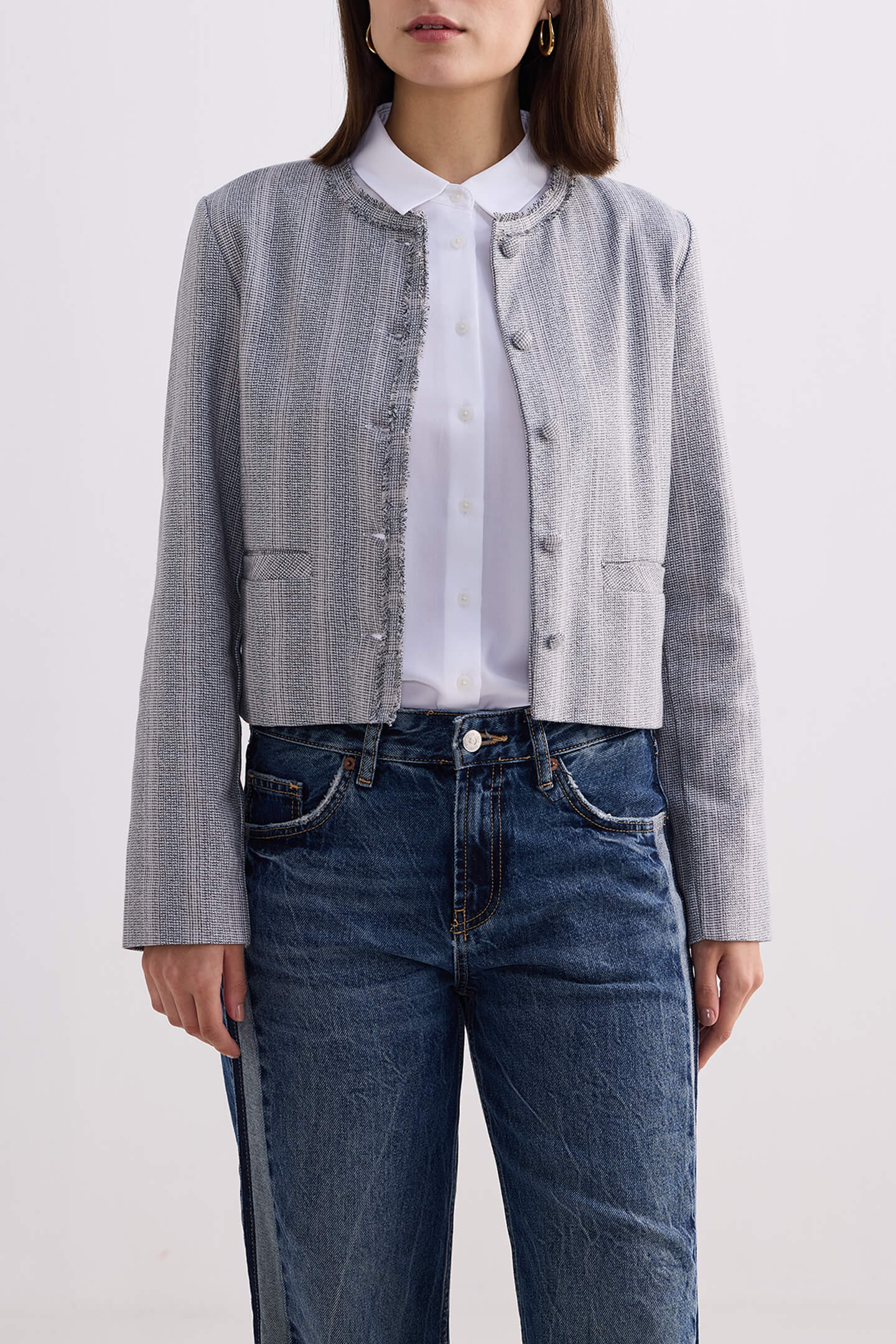 Lady Jacket in Grey Cotton Tweed Closeup Shot