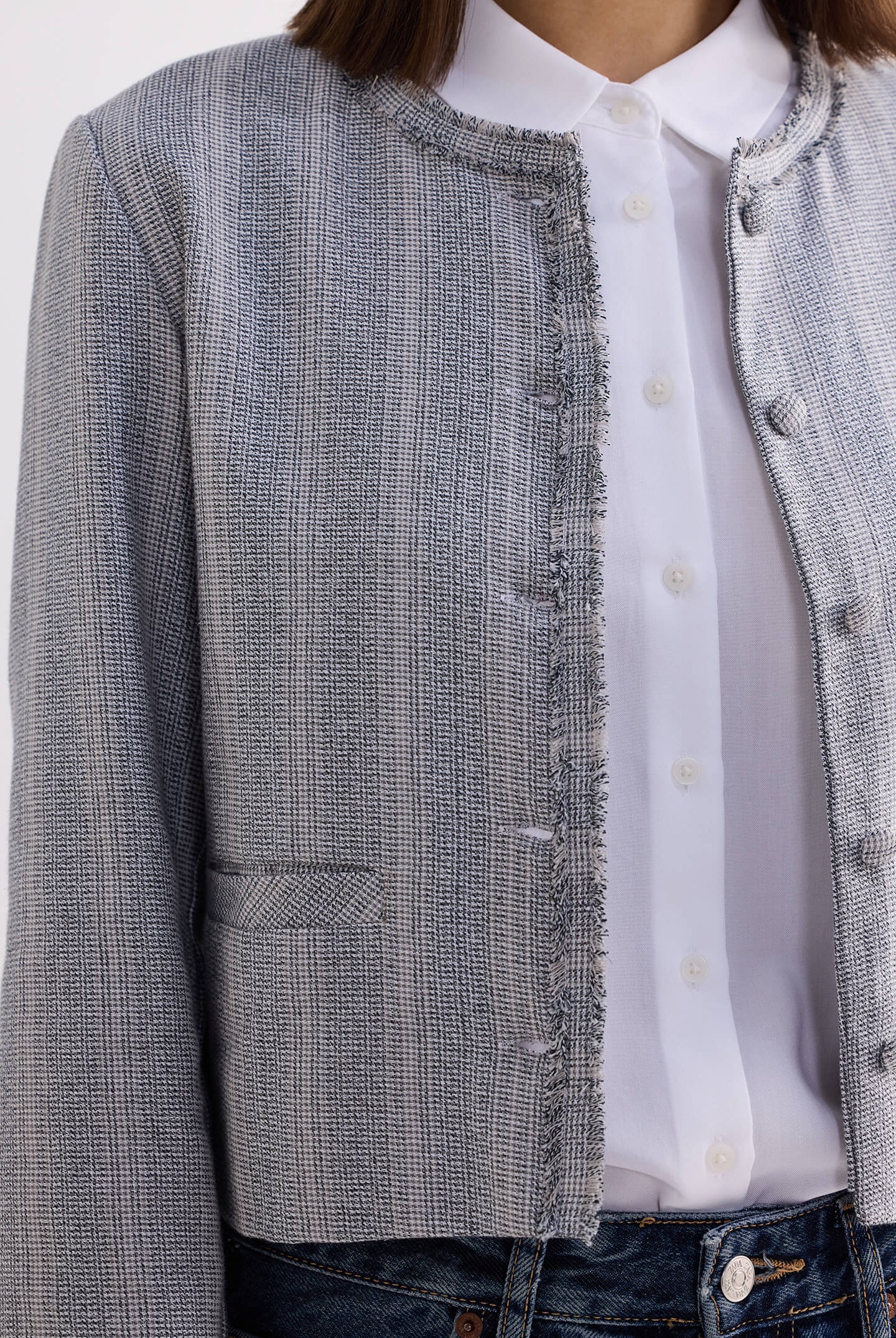 Lady Jacket in Grey Cotton Tweed Closeup Shot
