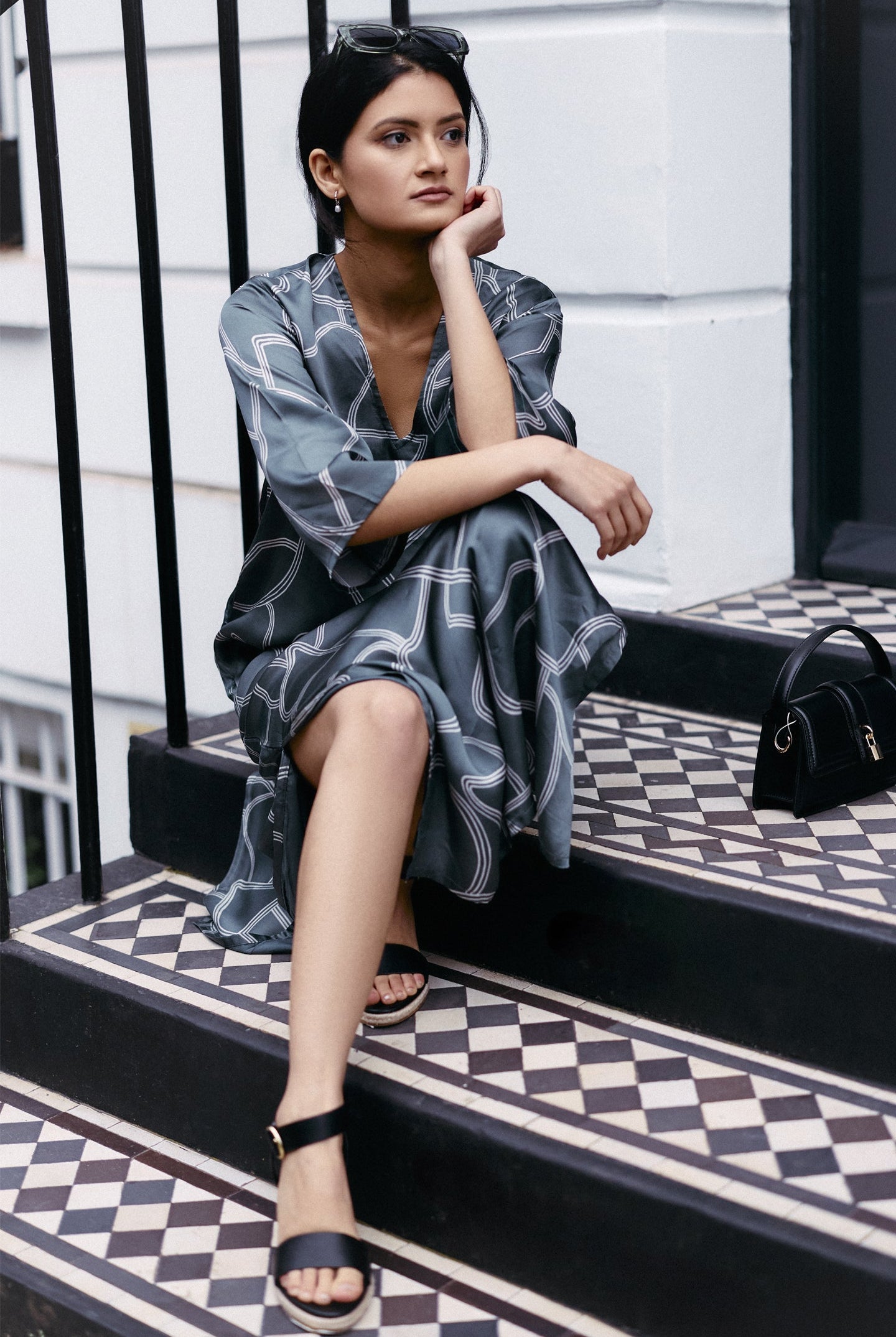 Maxi Dress with Side Slits in Abstract Stripes Moodshot
