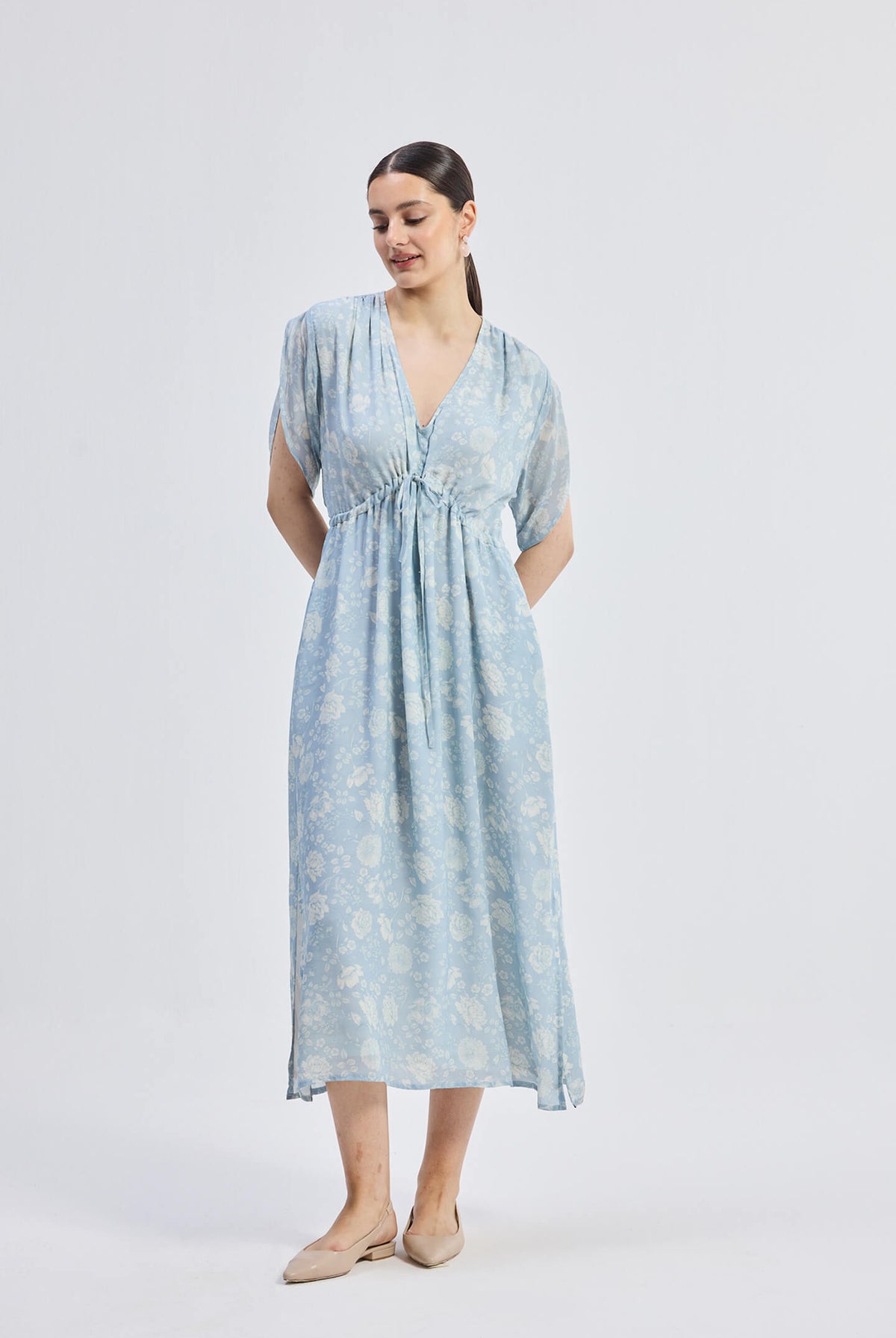 Maxi Gathered Dress in Blue Florals Longshot