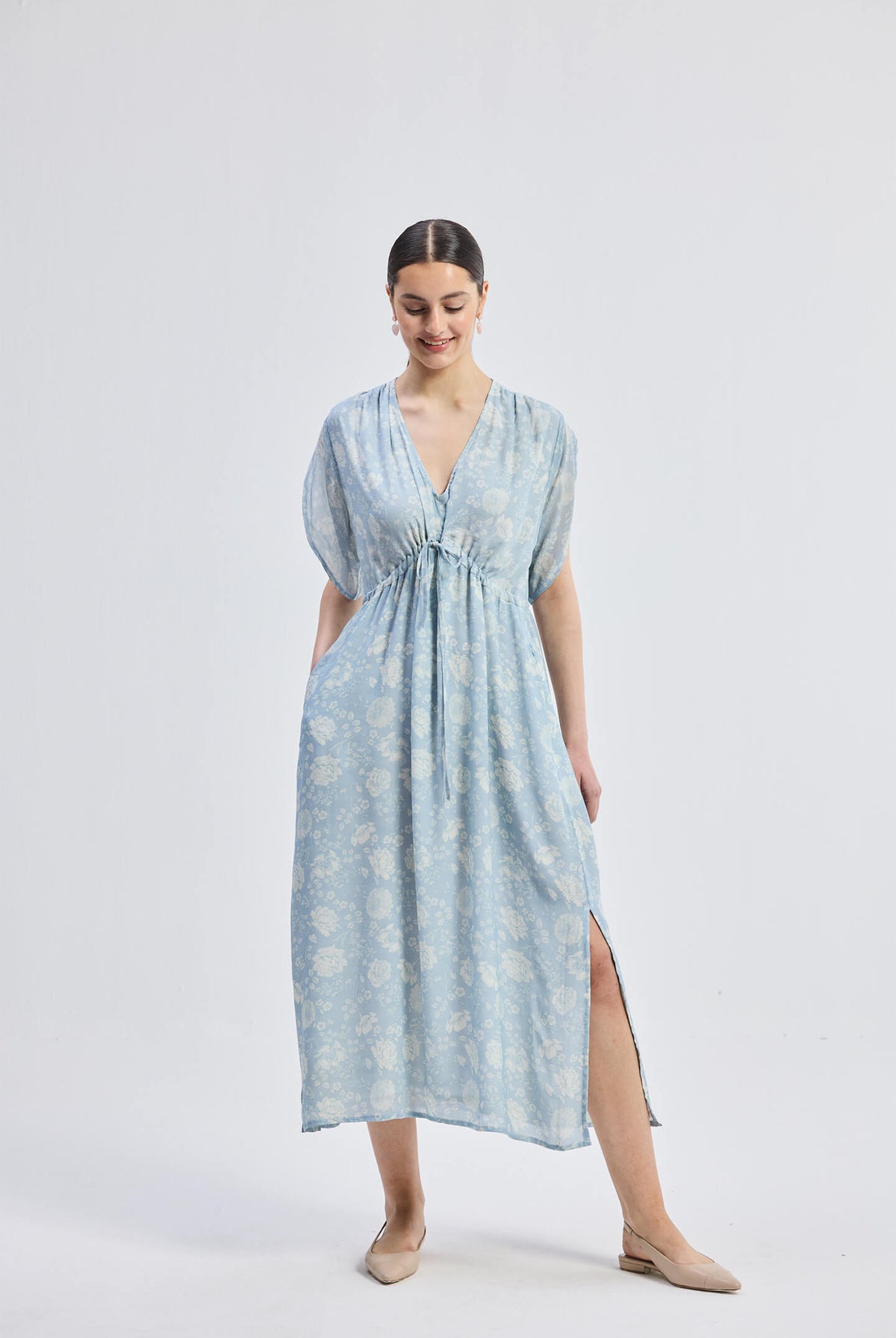 Maxi Gathered Dress in Blue Florals Longshot