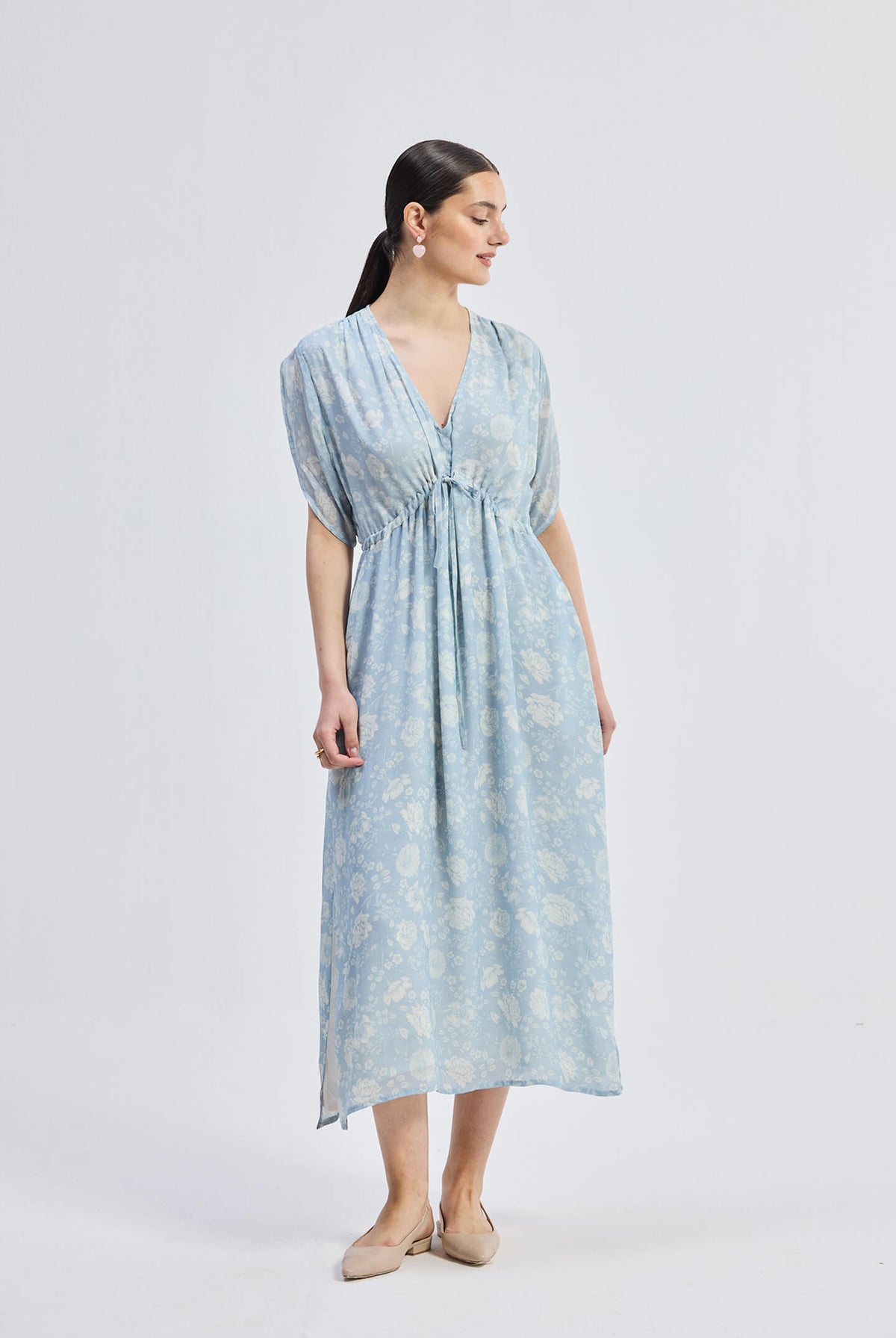 Maxi Gathered Dress in Blue Florals Longshot