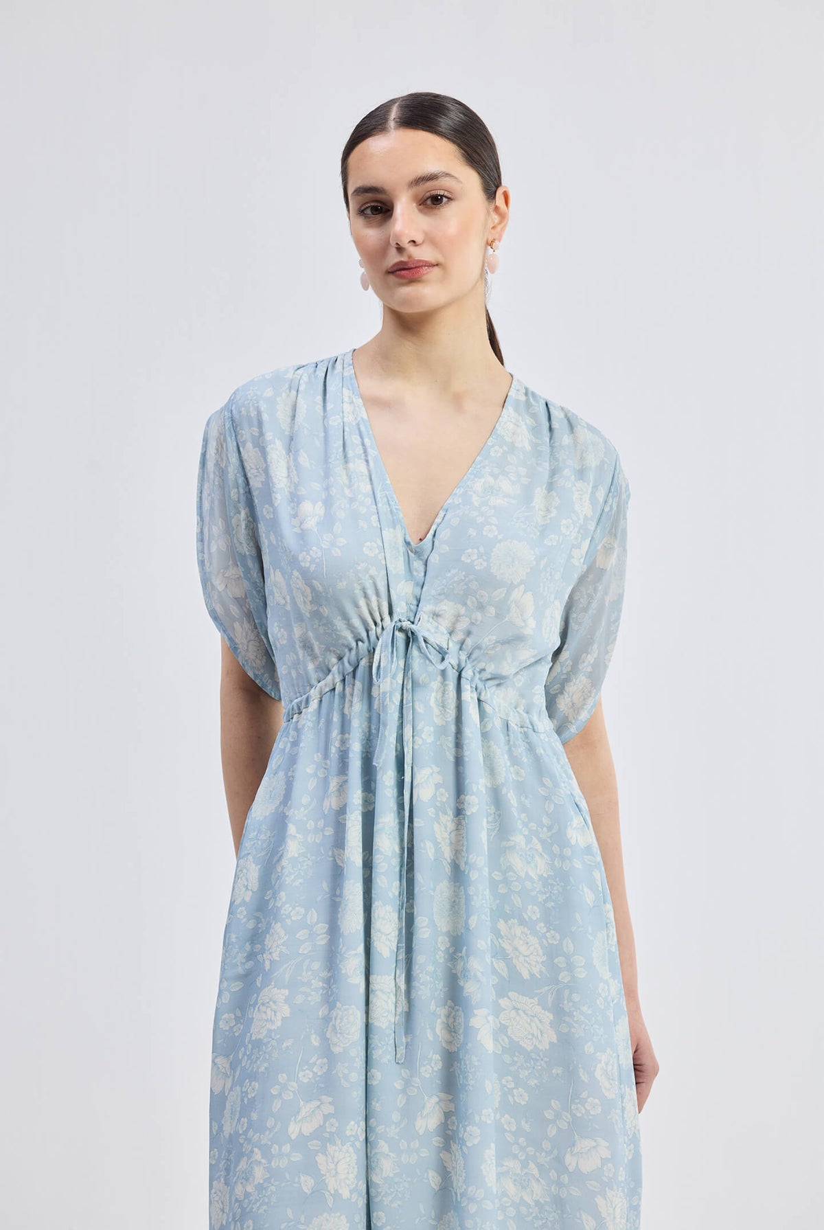 Maxi Gathered Dress in Blue Florals Closeup