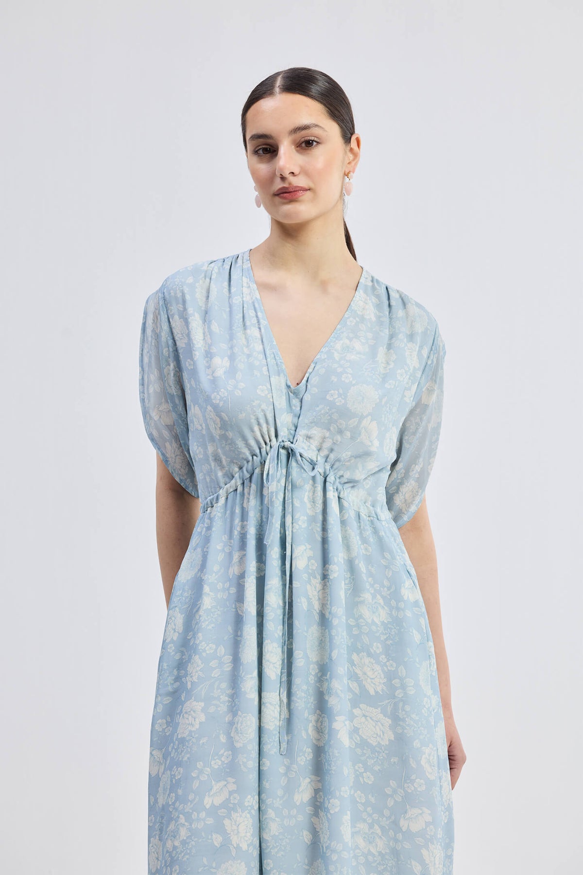 Maxi Gathered Dress in Blue Florals Closeup