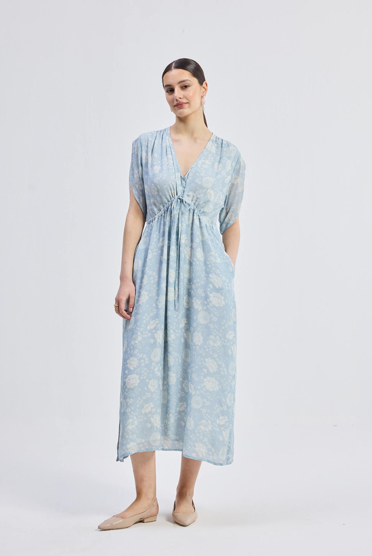 Maxi Gathered Dress in Blue Florals Longshot