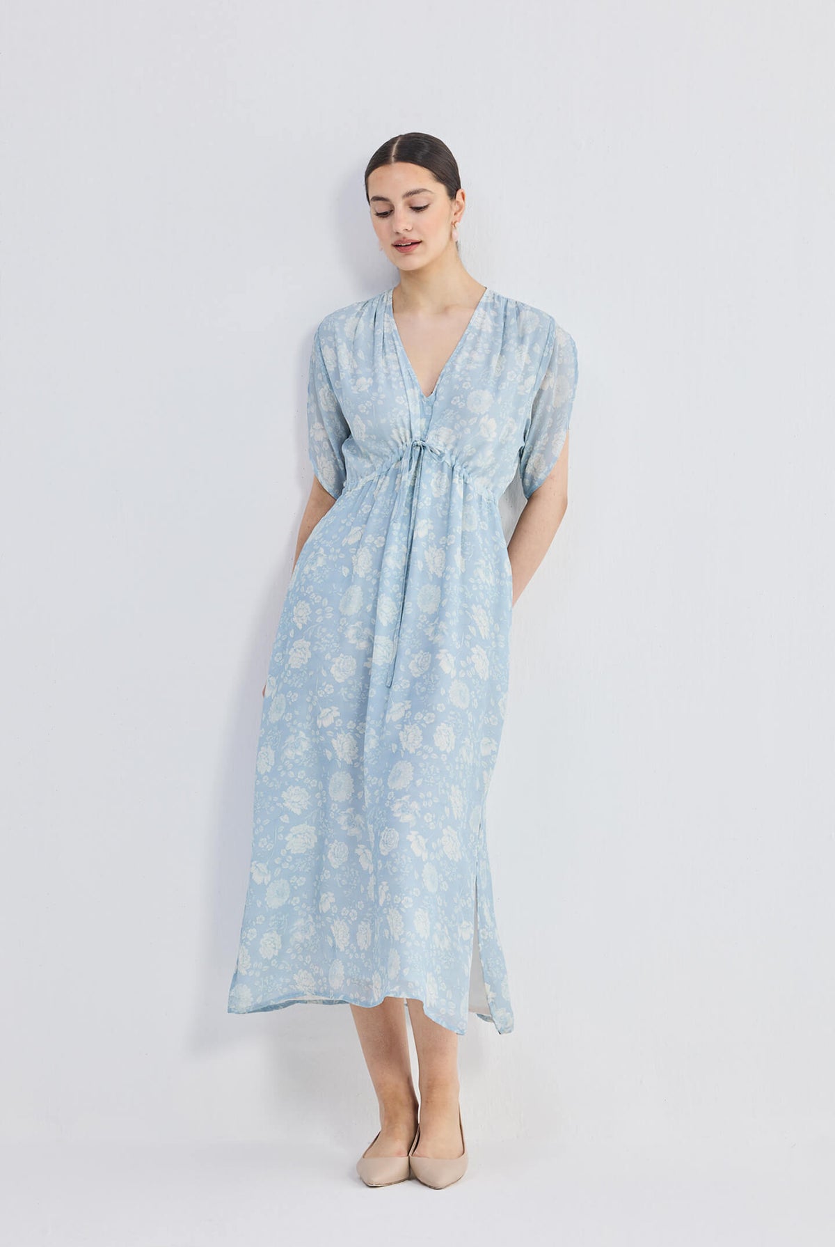Maxi Gathered Dress in Blue Florals Longshot