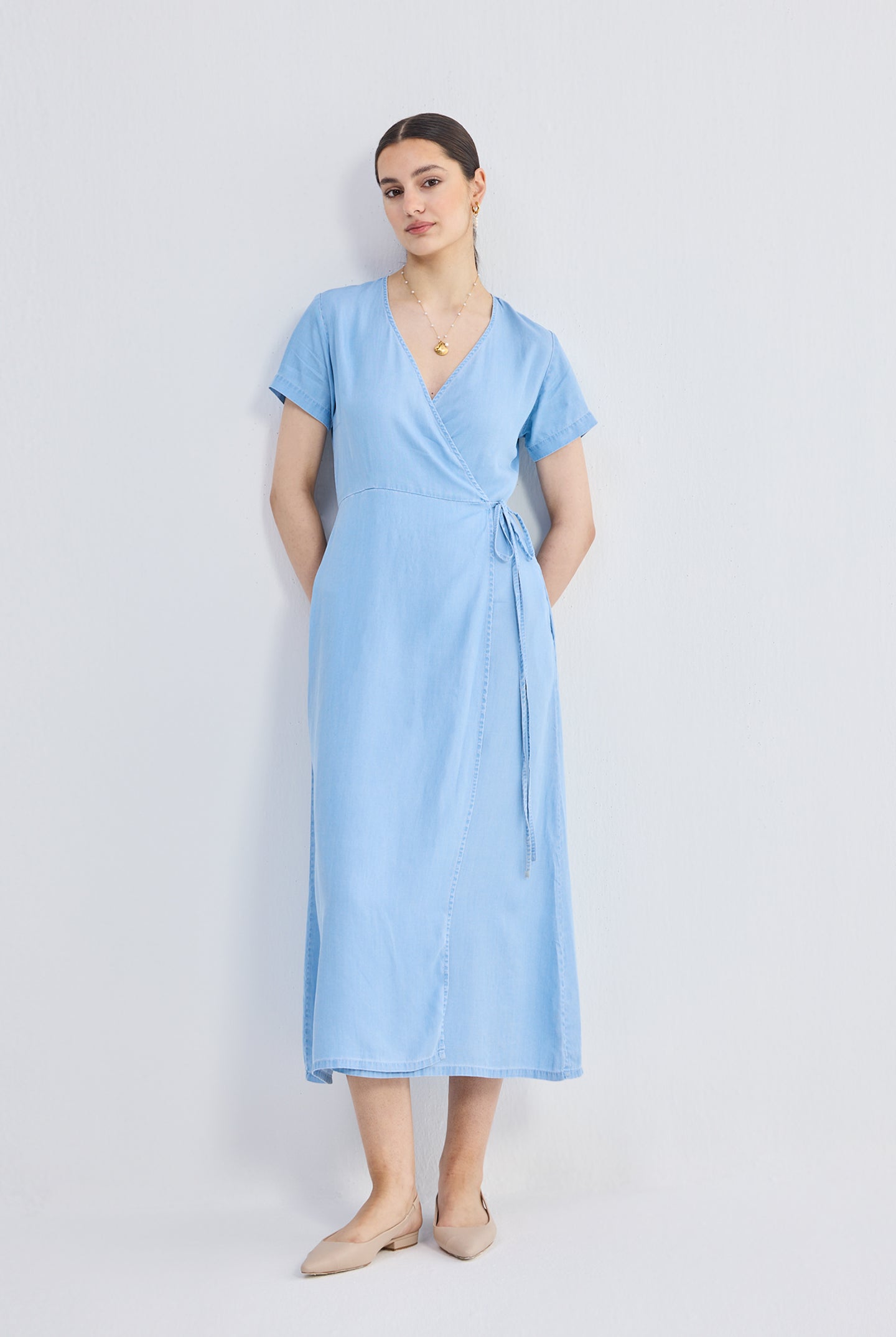 Maxi Wrap Dress in Light Blue Longshot