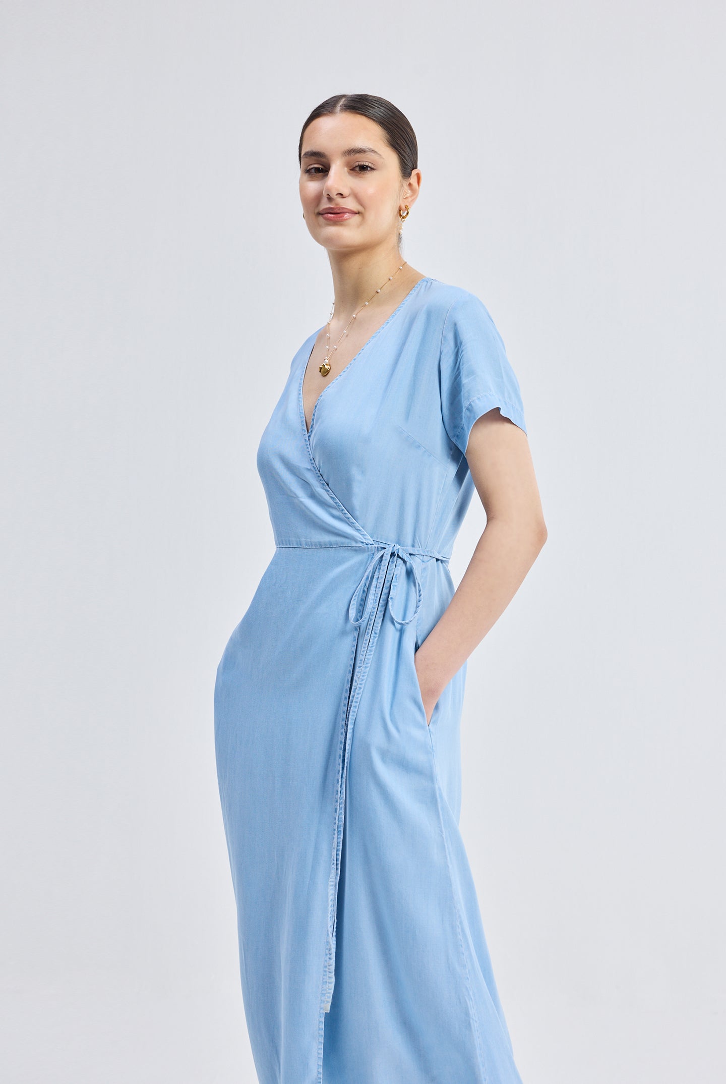 Maxi Wrap Dress in Light Blue Longshot