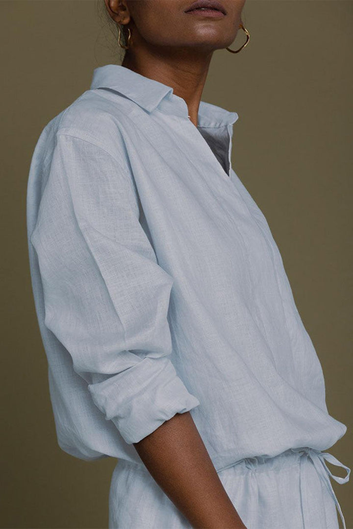 Reistor Meet Me by the Cliff Dress in Blue featuring a relaxed fit, breathable fabric, classic collar, and timeless style