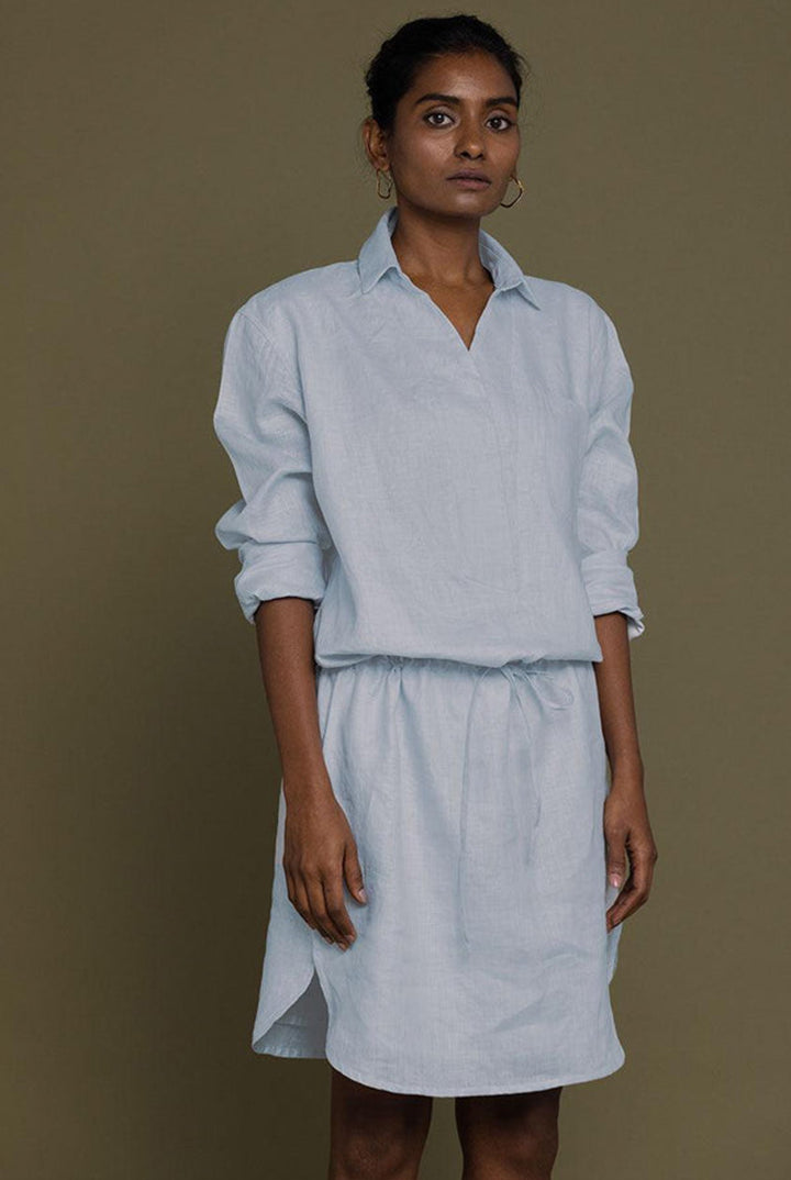 Reistor Meet Me by the Cliff Dress in Blue with a relaxed shirt collar, airy fabric, rolled sleeves, and effortless elegance