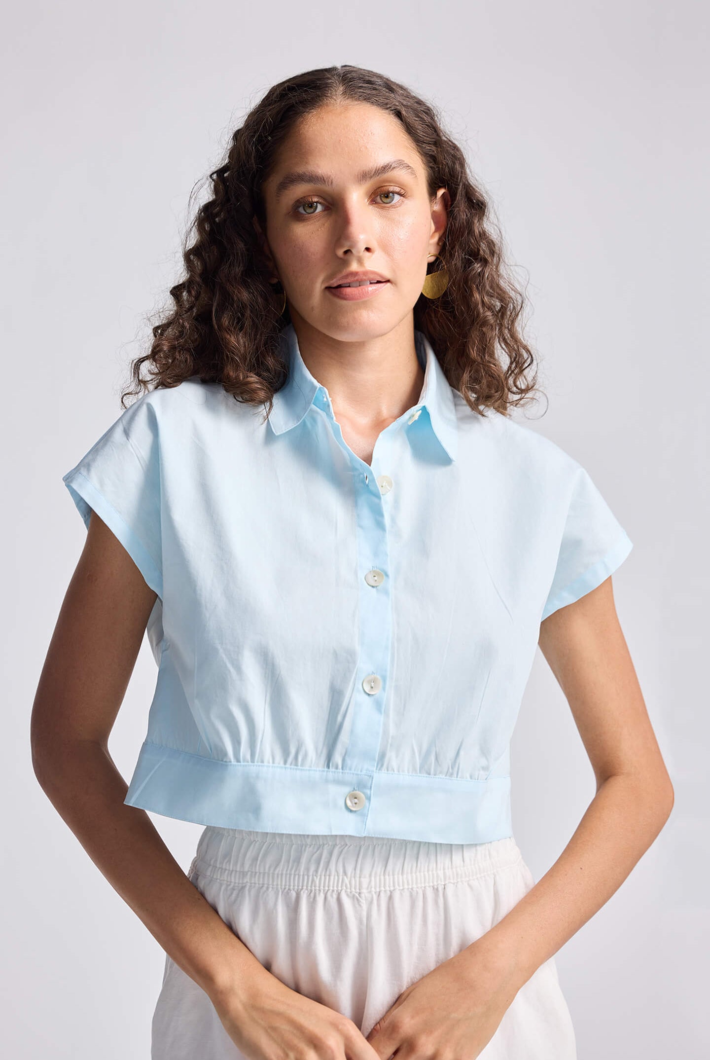 Oversized Crop Shirt in Summer Blue Medium Shot