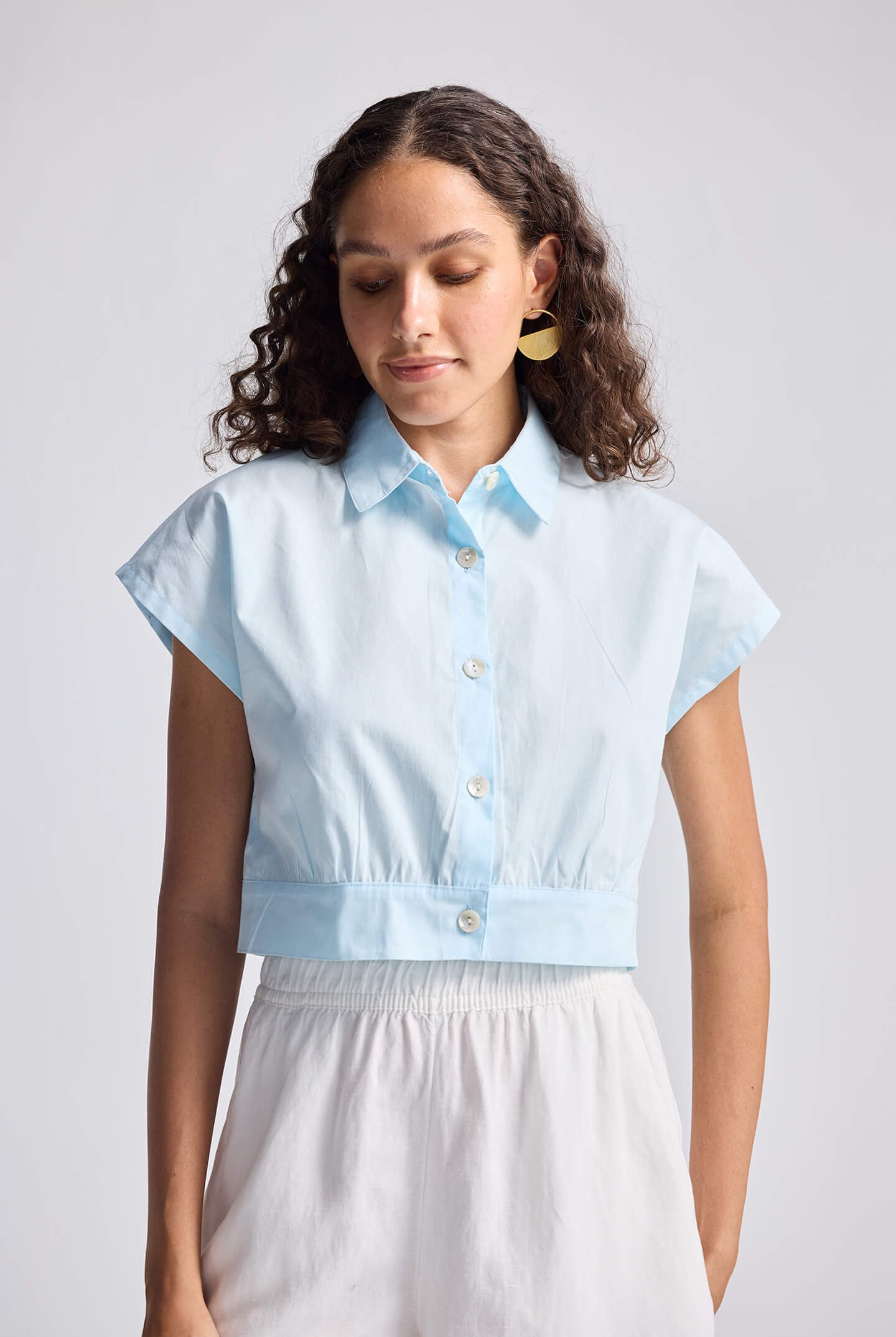 Oversized Crop Shirt in Summer Blue Medium Shot