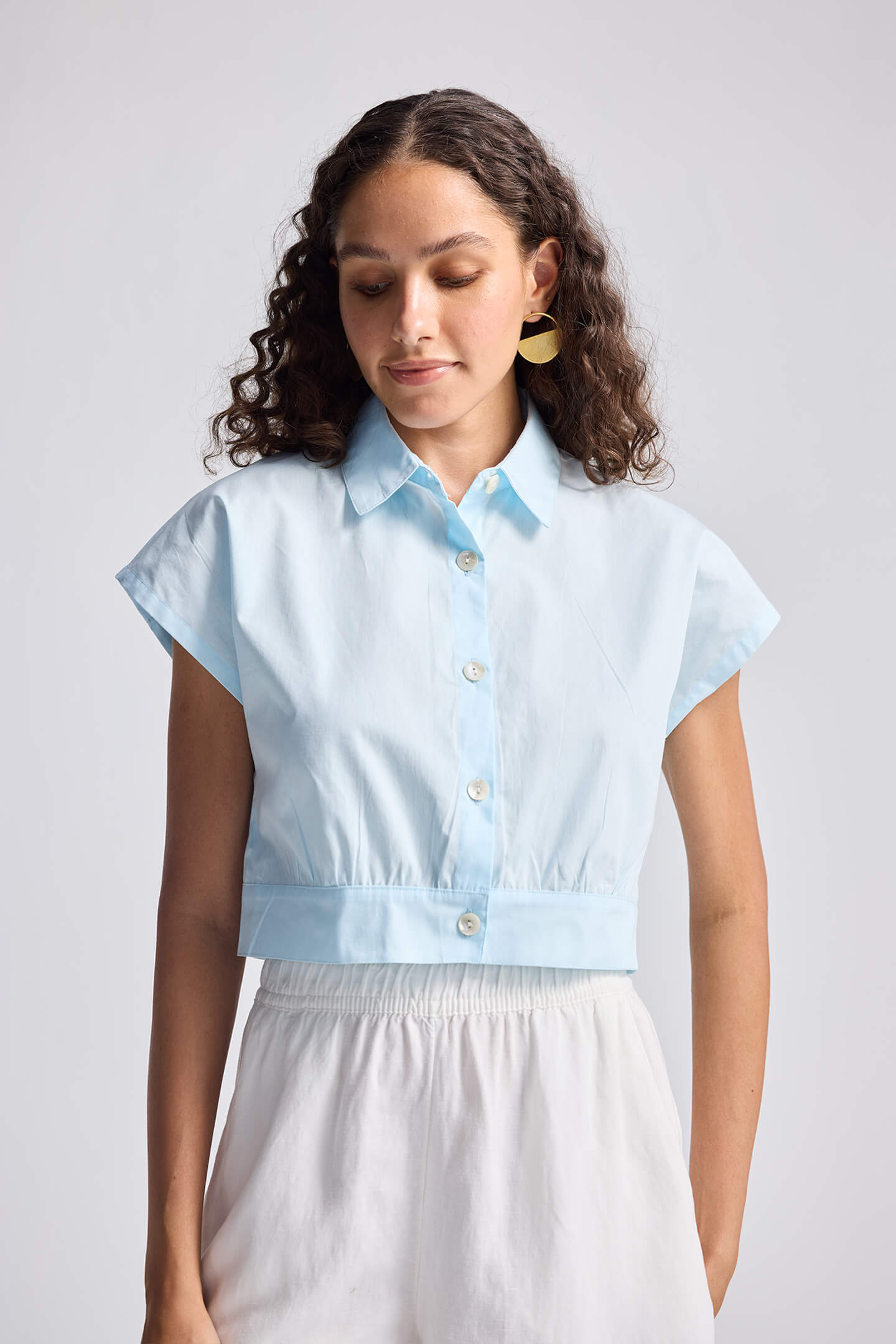 Oversized Crop Shirt in Summer Blue Medium Shot
