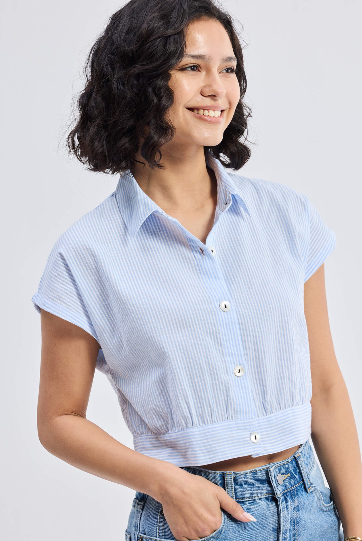 Oversized Crop Shirt in Classic Stripes Closeup