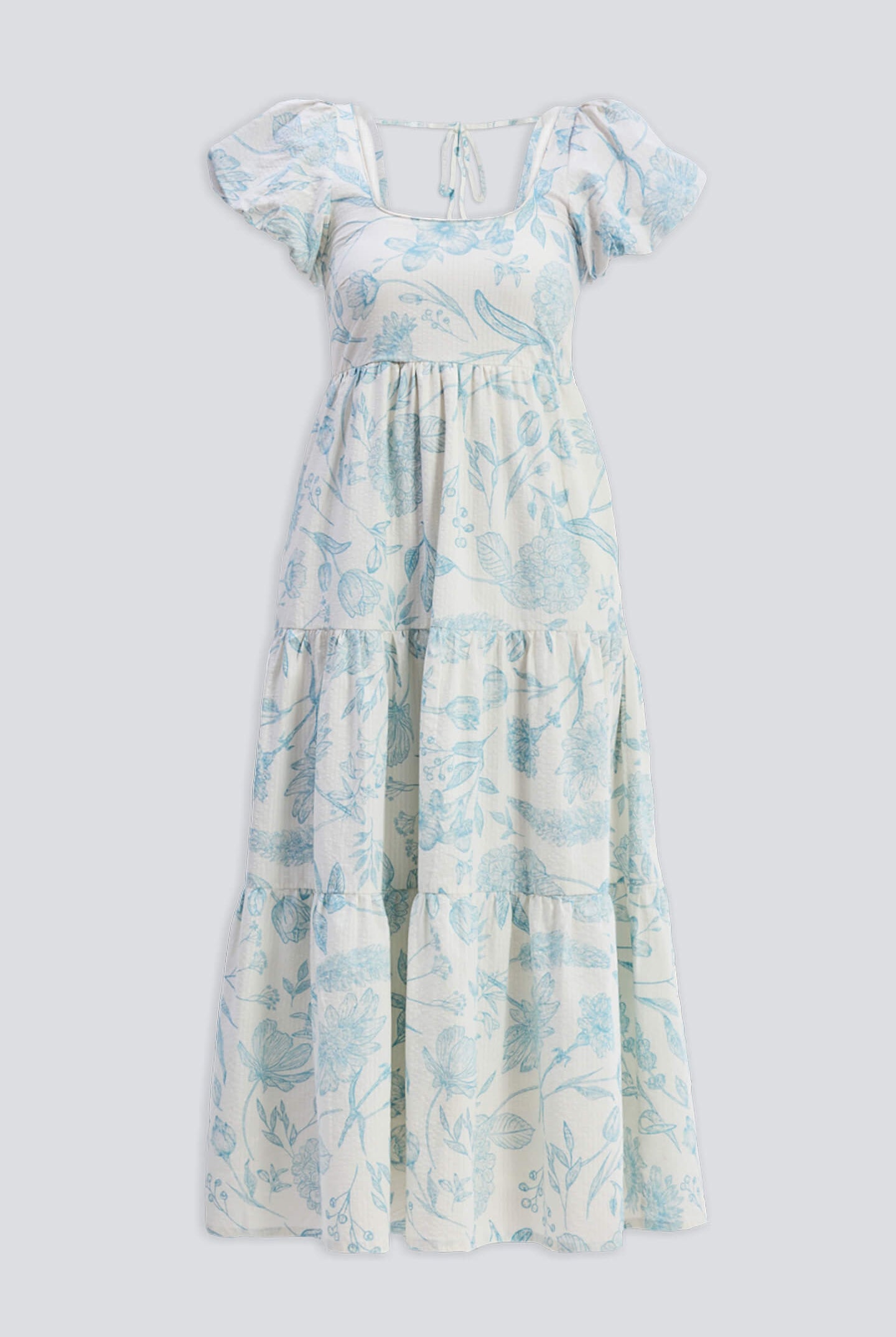 Puff Sleeve Tiered Maxi Dress in Blue Florals Flat Lay