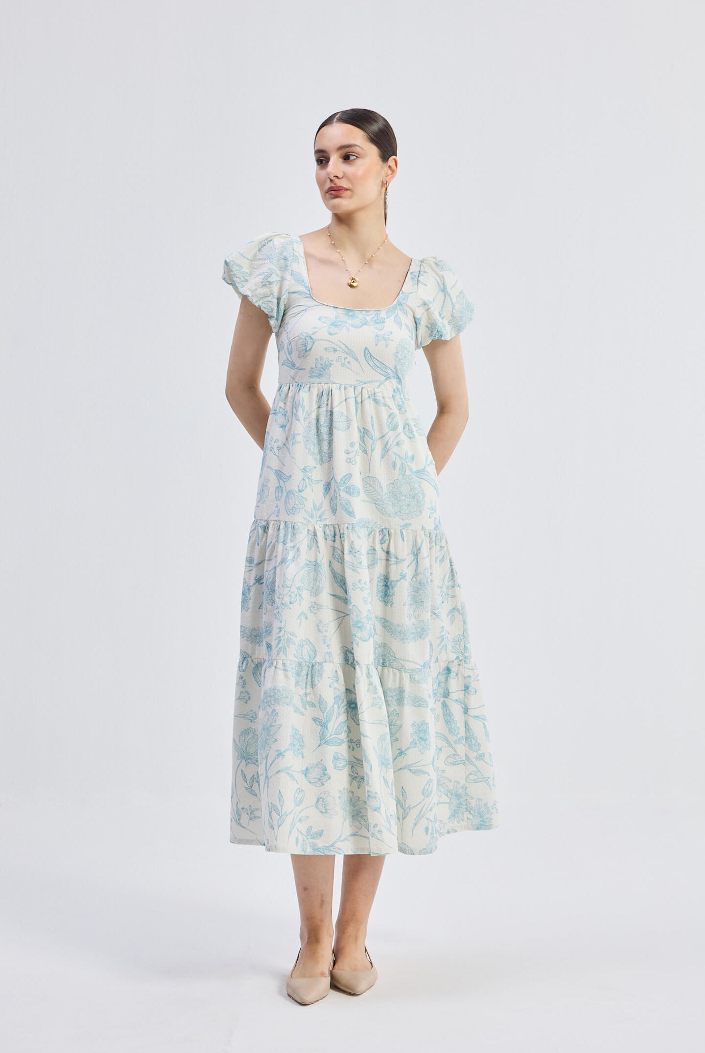 Puff Sleeve Tiered Maxi Dress in Blue Florals Longshot