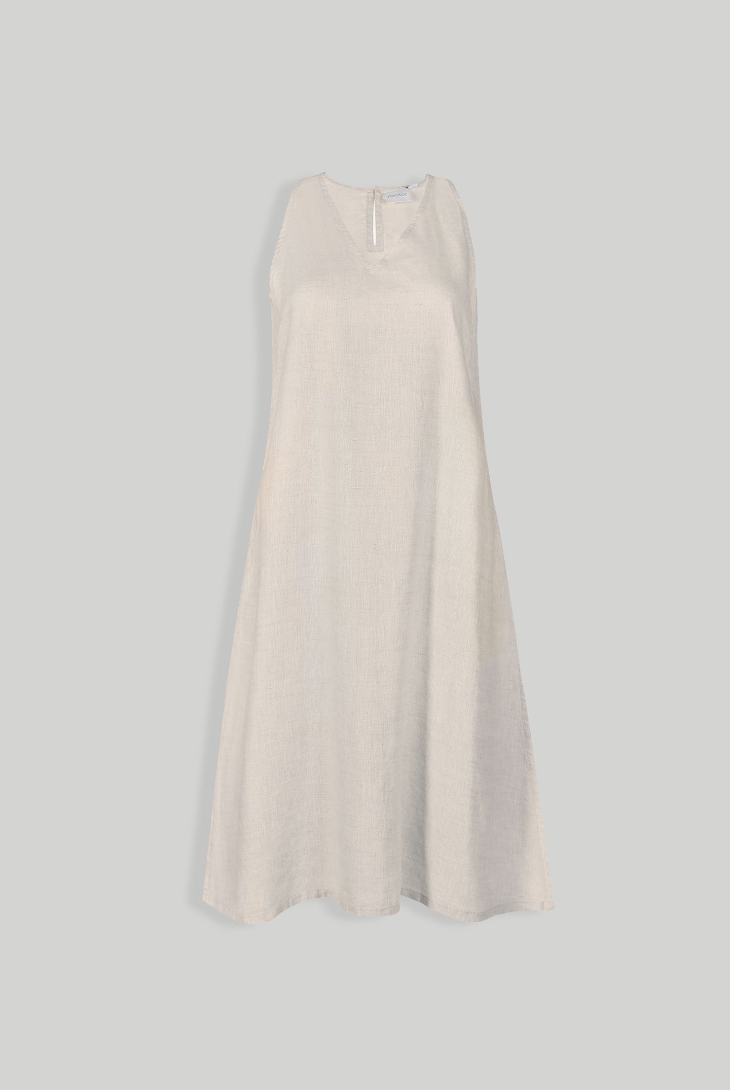 Reistor Reading Tea Leaves Dress in Ecru, sustainable sleeveless V-neck A-line midi dress with breathable fabric, relaxed fit, and timeless elegance.