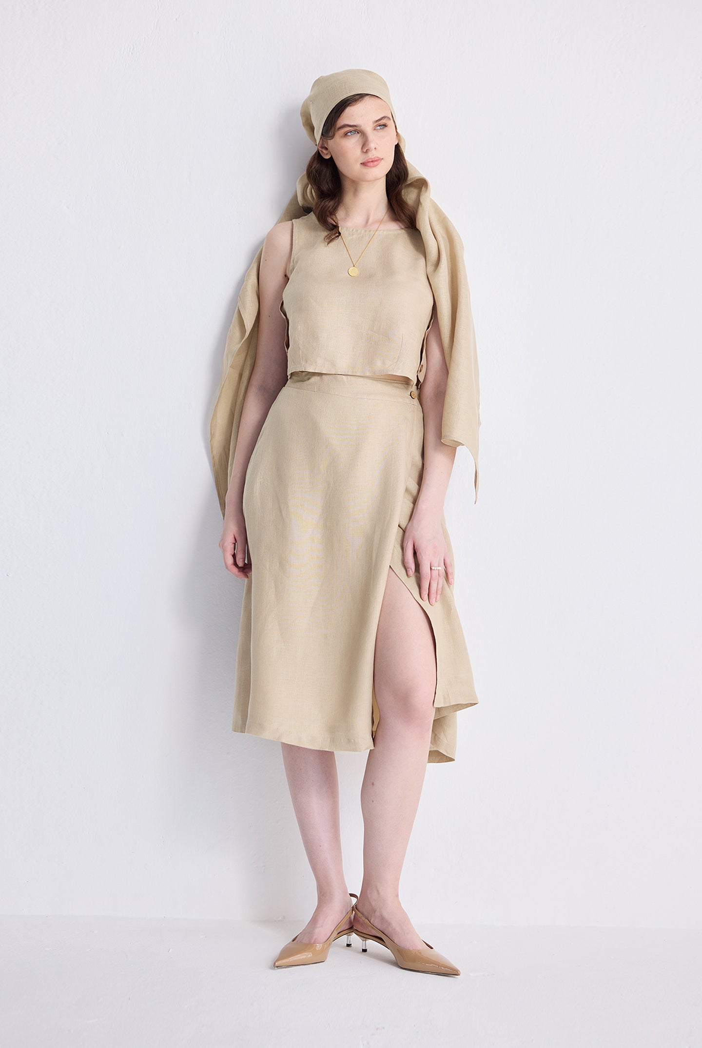 Boxy Crop Top in Neutral Beige Long Shot