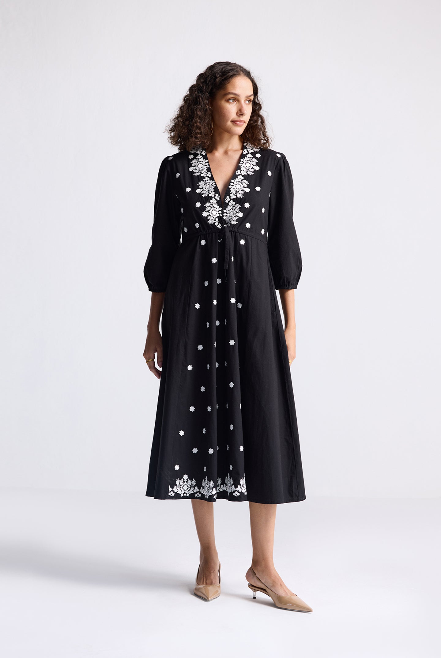 Drawstring Embroidered Dress in Black Longshot