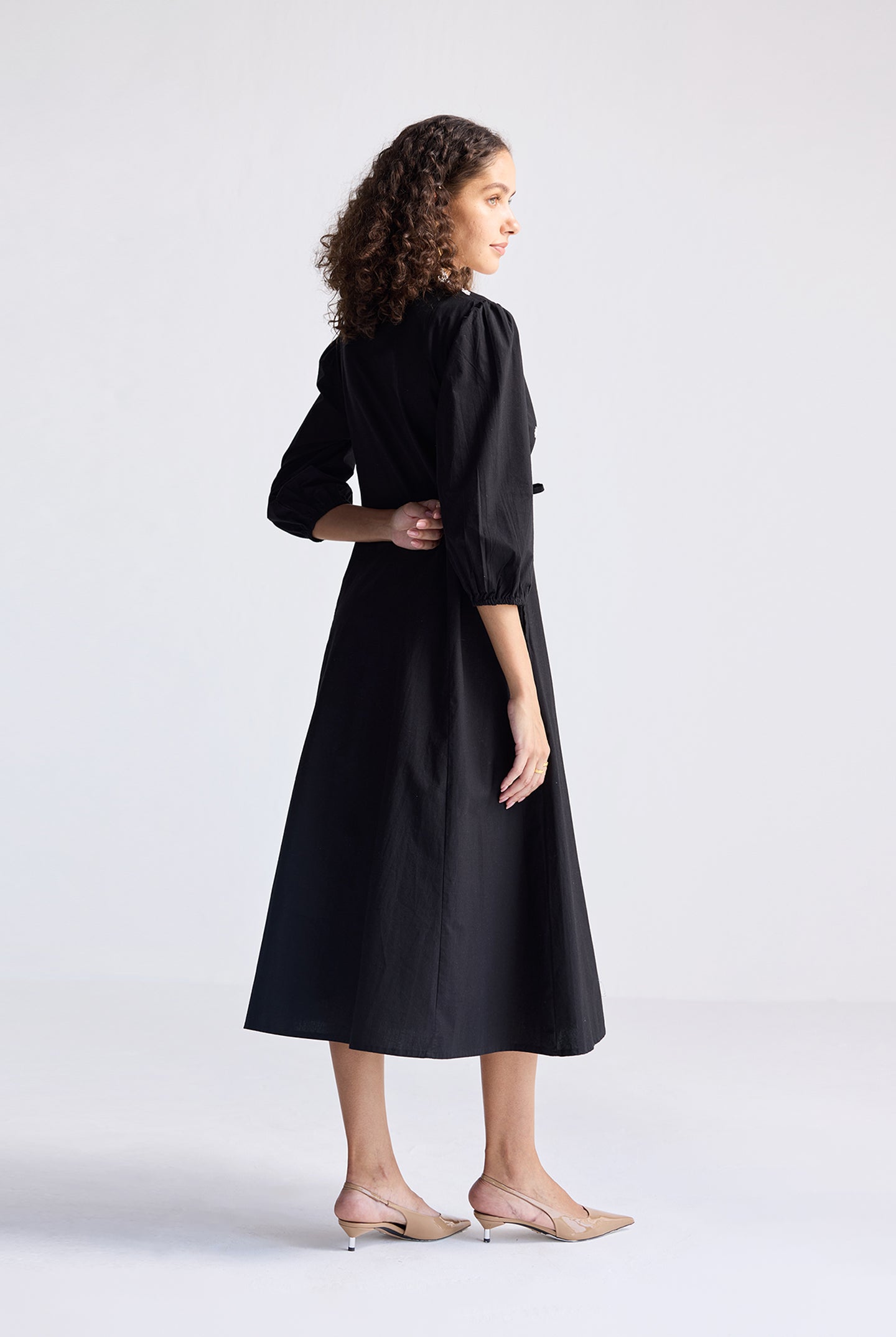 Drawstring Embroidered Dress in Black Longshot