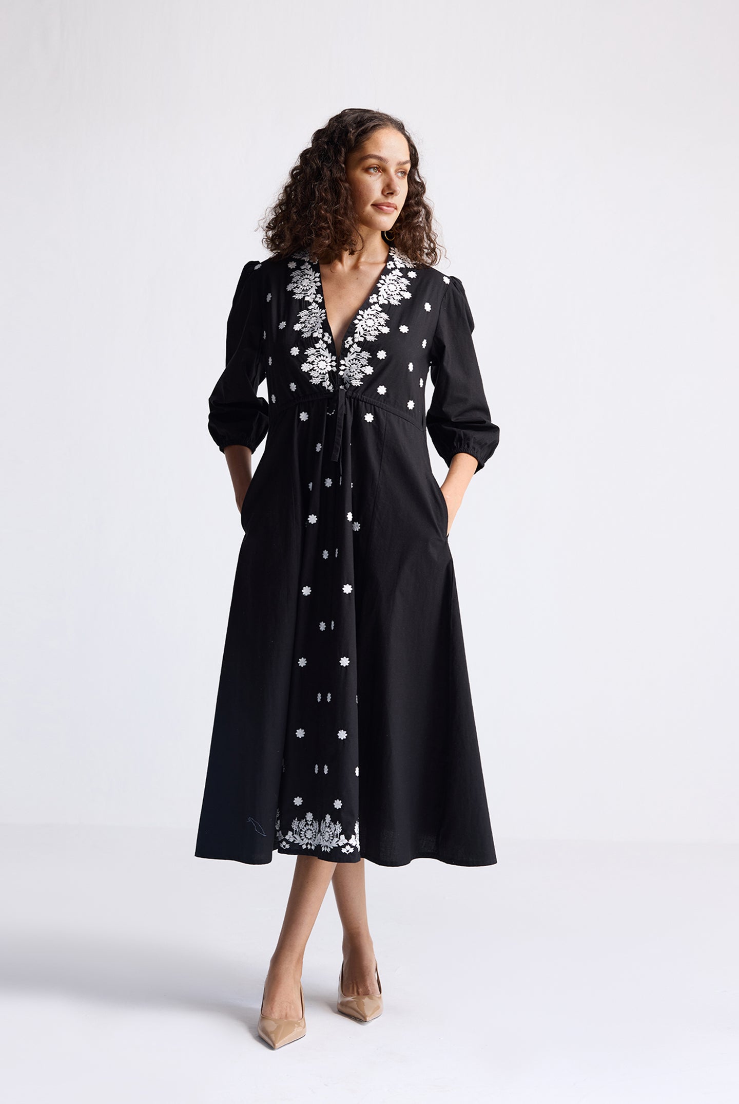 Drawstring Embroidered Dress in Black Longshot