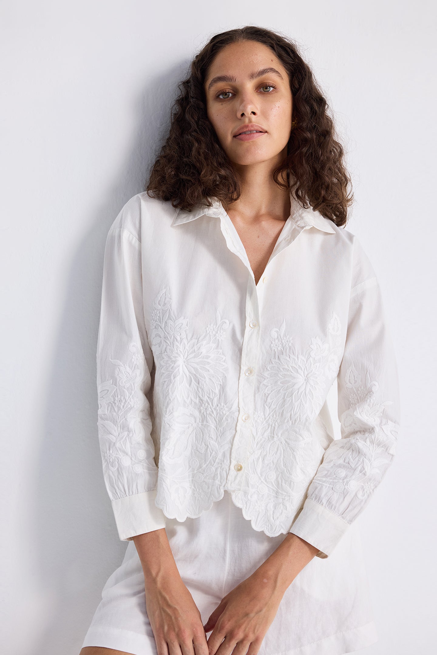 Embroidered Button-up Shirt in White Medium Shot