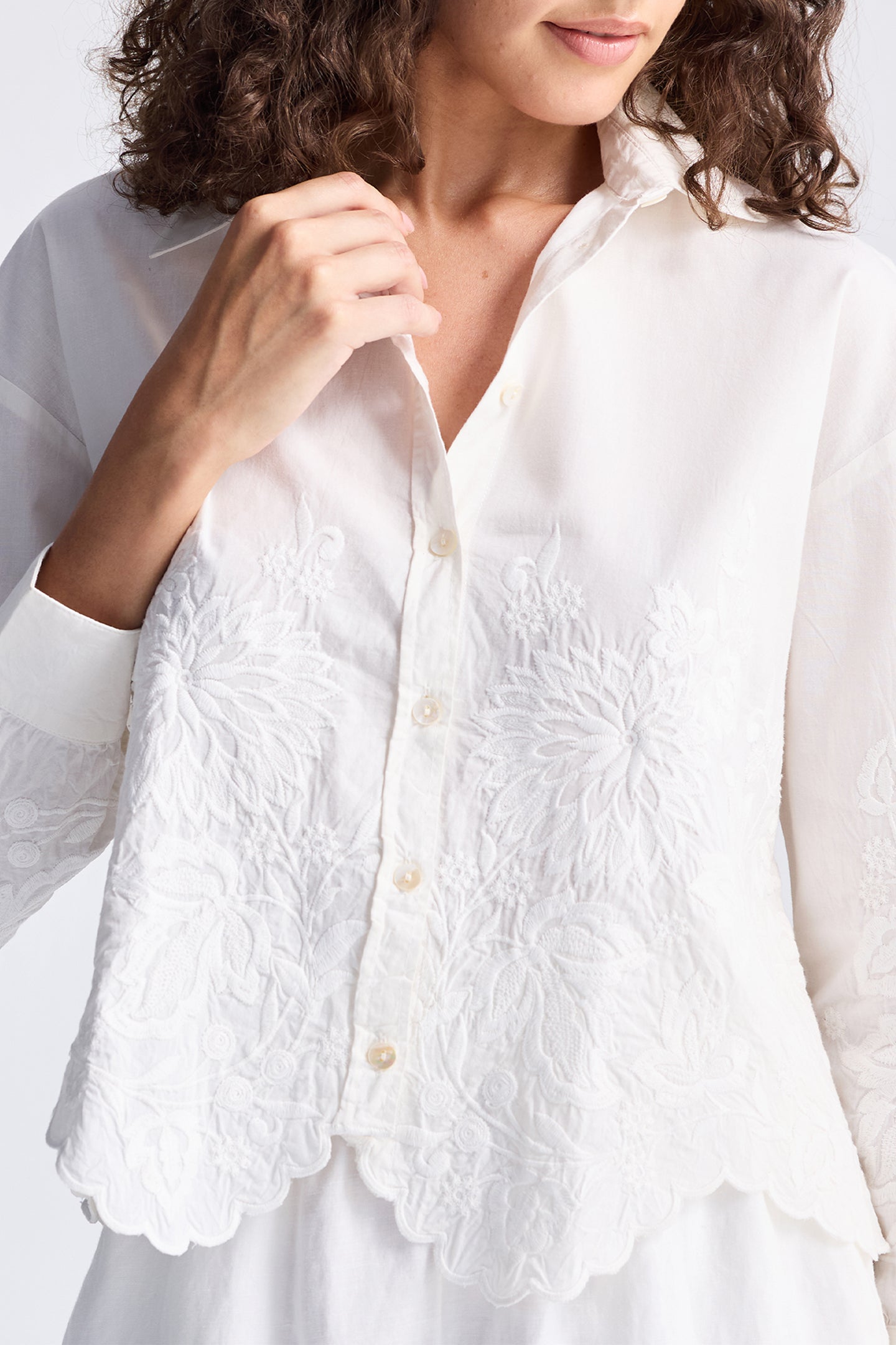 Embroidered Button-up Shirt in White Closeup