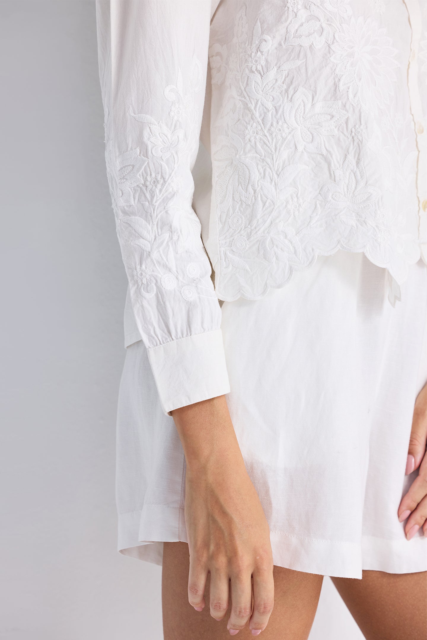 Embroidered Button-up Shirt in White Closeup