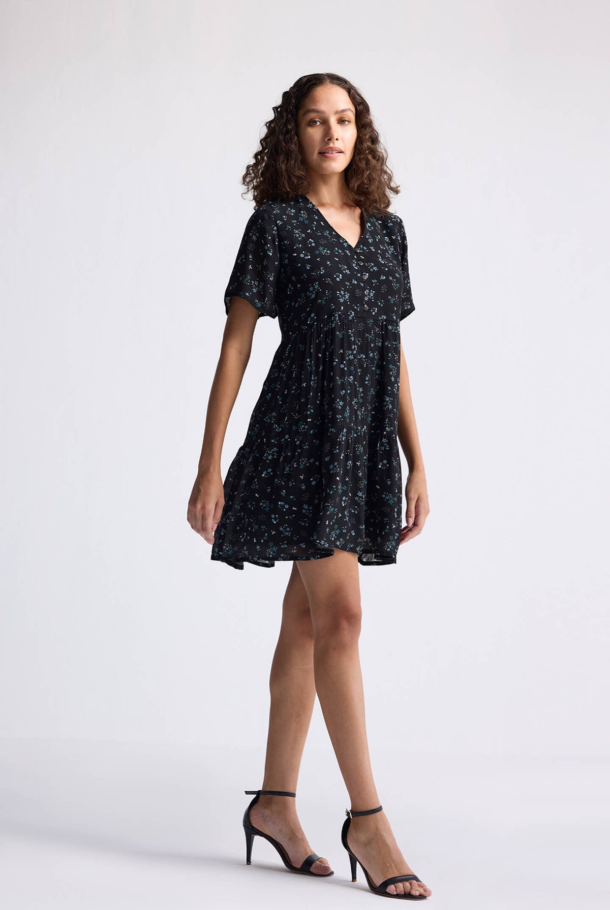 Floral Short Tiered Dress in Dark Blue Long Shot
