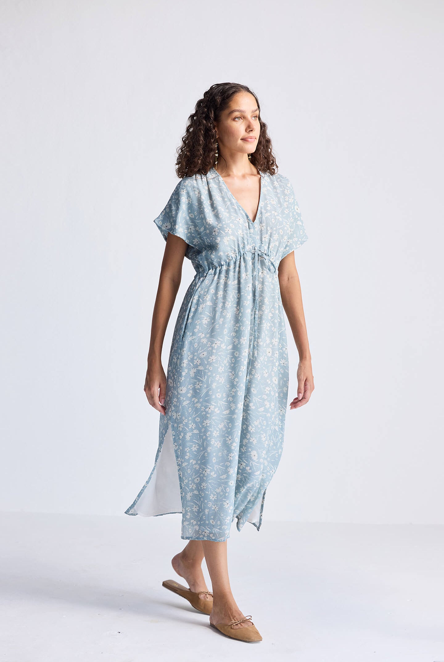 Gathered Maxi Dress in Light Blue Florals Long Shot