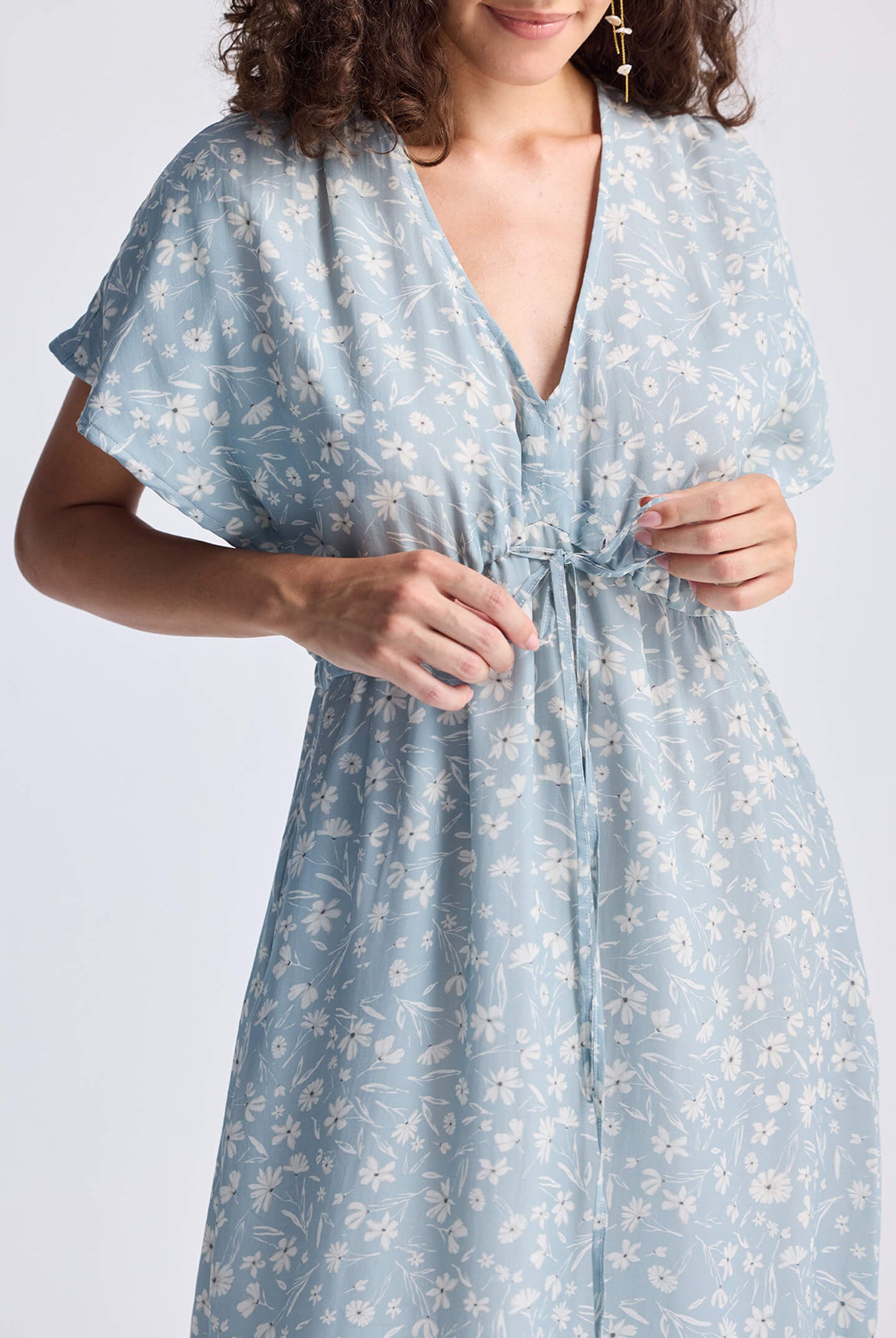 Gathered Maxi Dress in Light Blue Florals Medium Shot