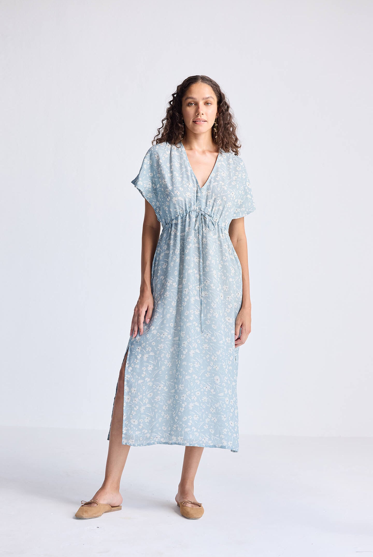 Gathered Maxi Dress in Light Blue Florals Long Shot
