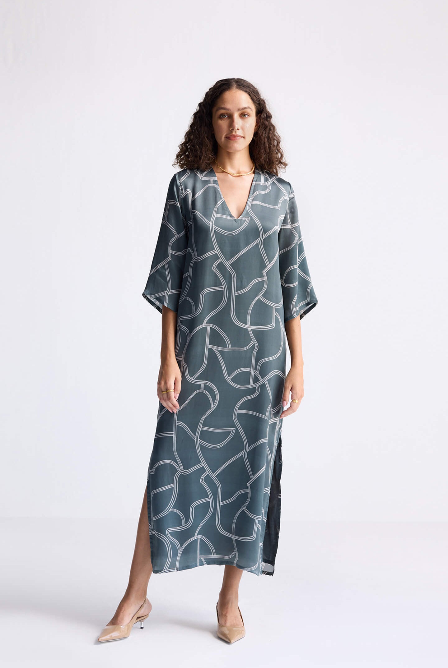 Maxi Dress with Side Slits in Abstract Stripes Long Shot