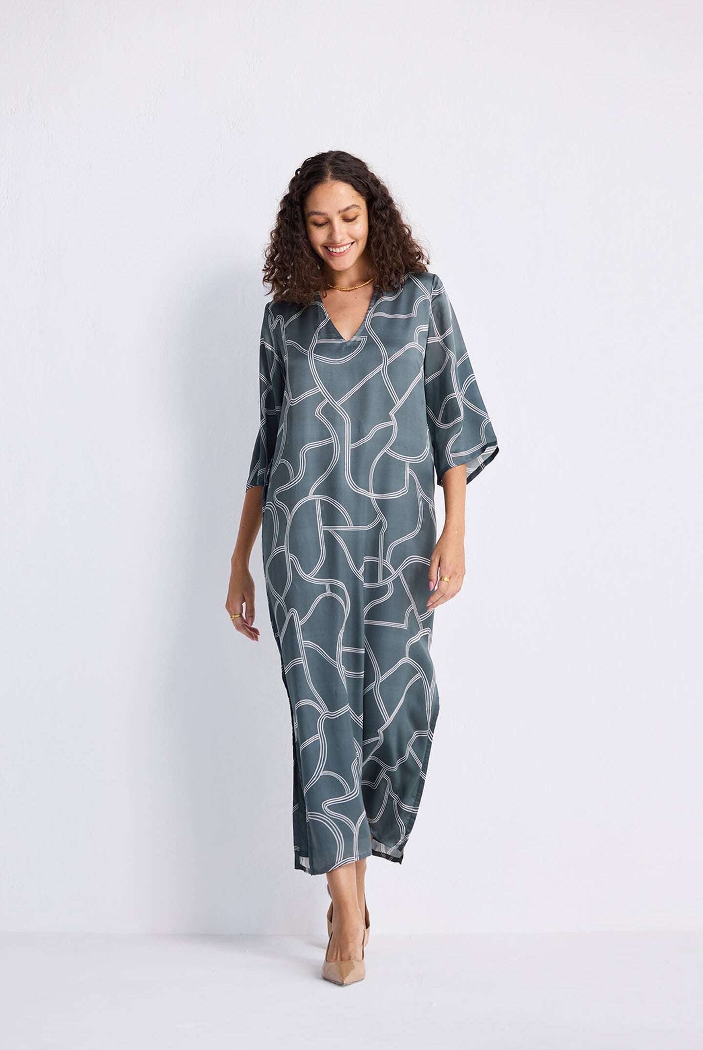 Maxi Dress with Side Slits in Abstract Stripes Long Shot