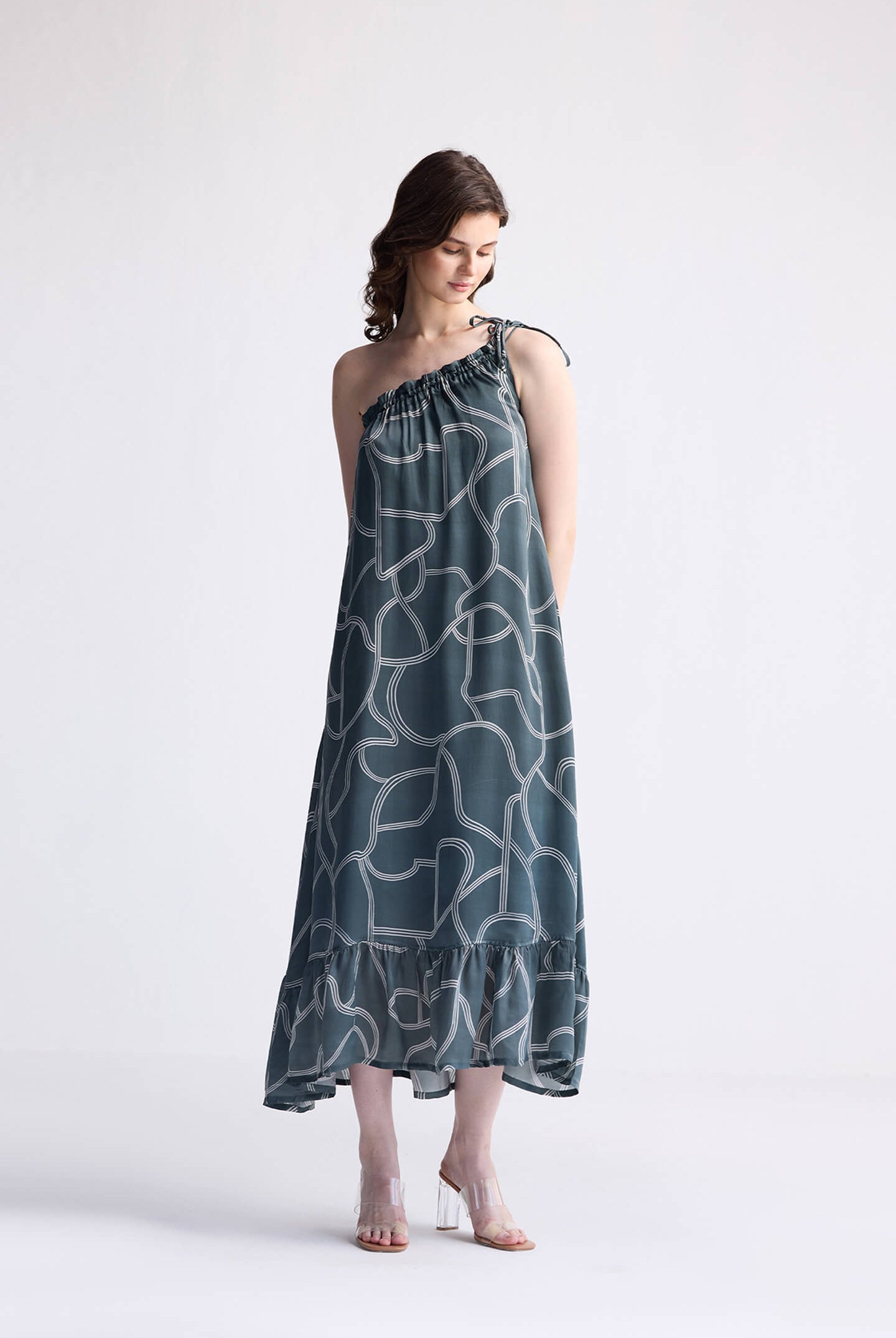 One Shoulder Maxi Dress in Abstract Stripes Long Shot